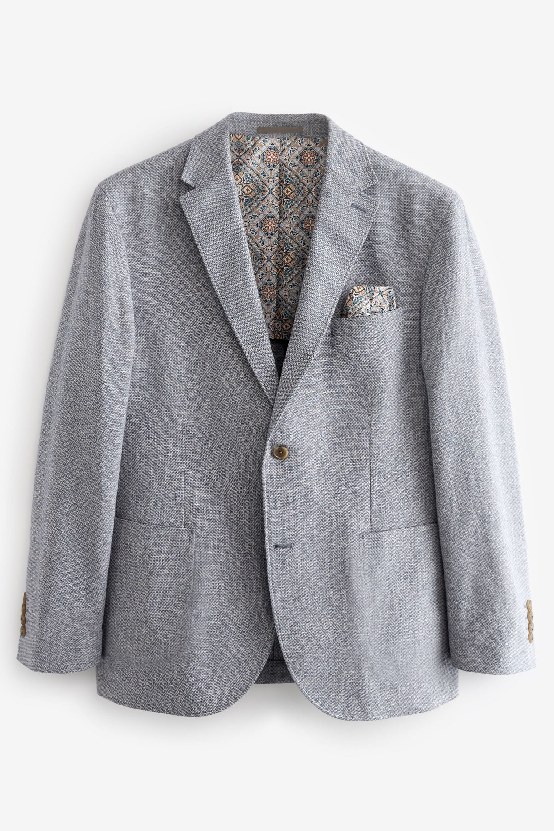 Chambray Blue Regular Fit Textured Linen Blend Blazer