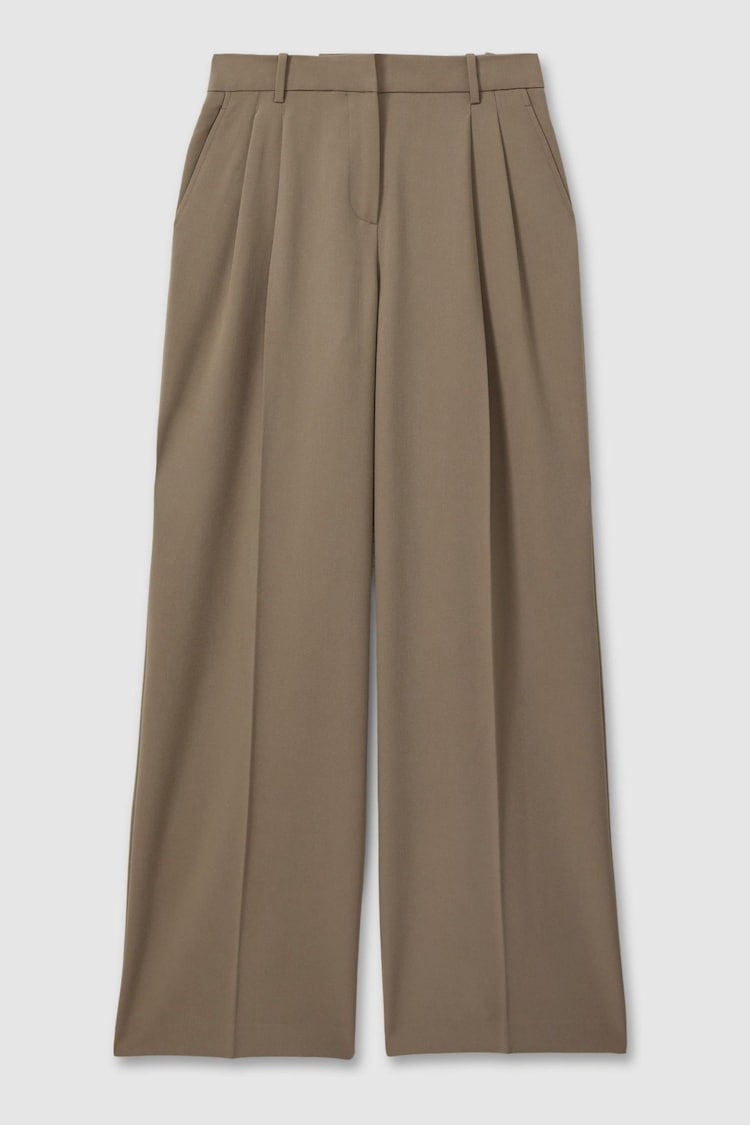 Reiss Khaki Madelyn Petite Wide Leg Front Pleat Suit Trousers - Image 2 of 6