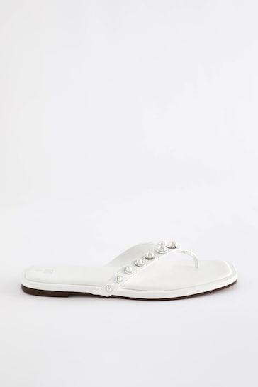 White Regular/Wide Fit Pearl Effect Toe Post Sandals