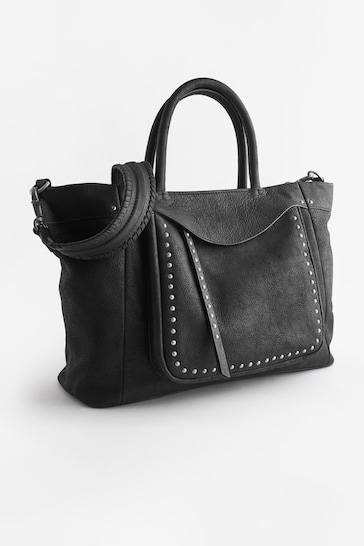 Black Leather Stud Utility Tote Bag
