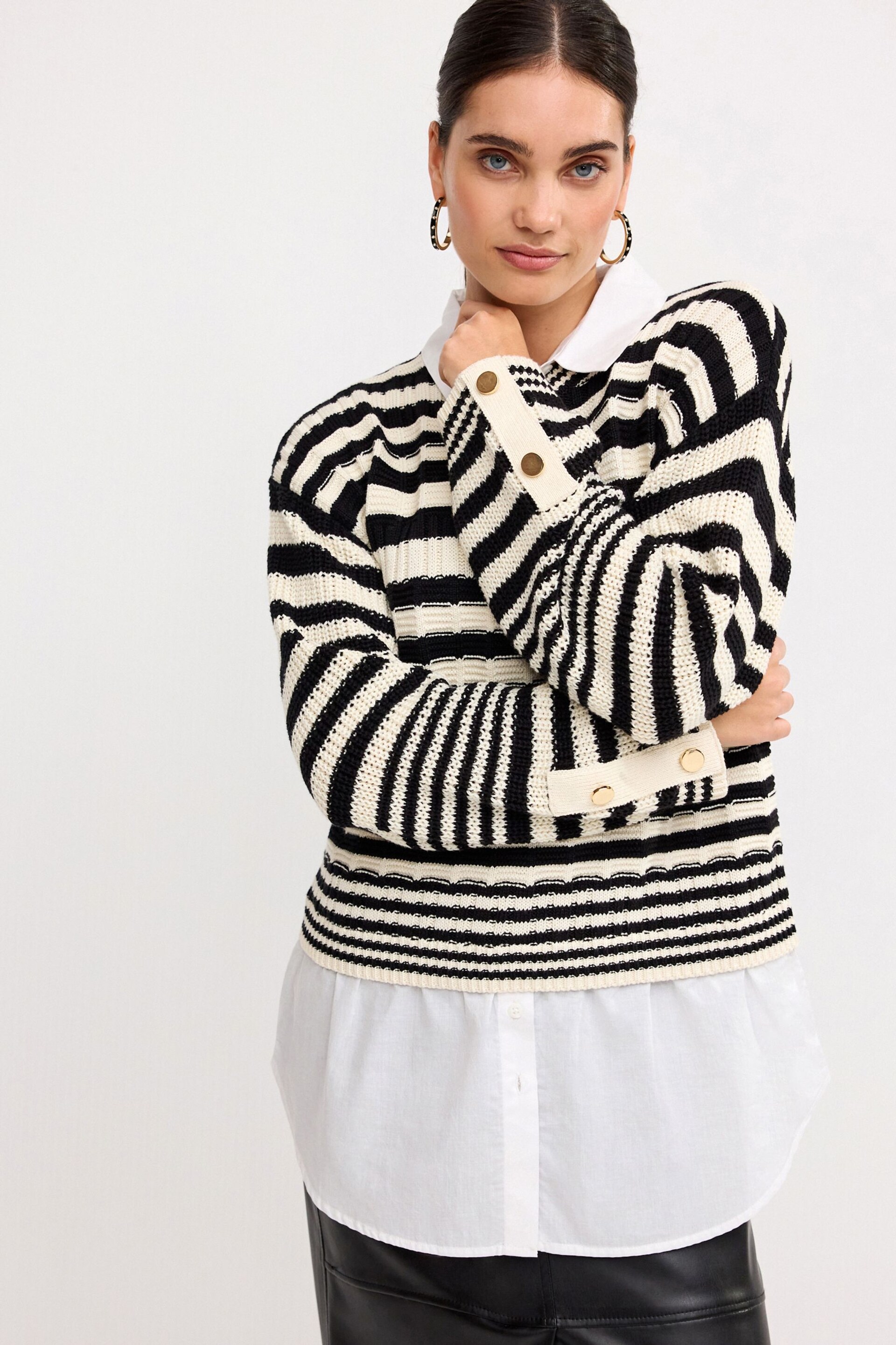 Black and Ecru Cream Stripe Stitch Detail Shirt Layer Jumper - Image 1 of 6
