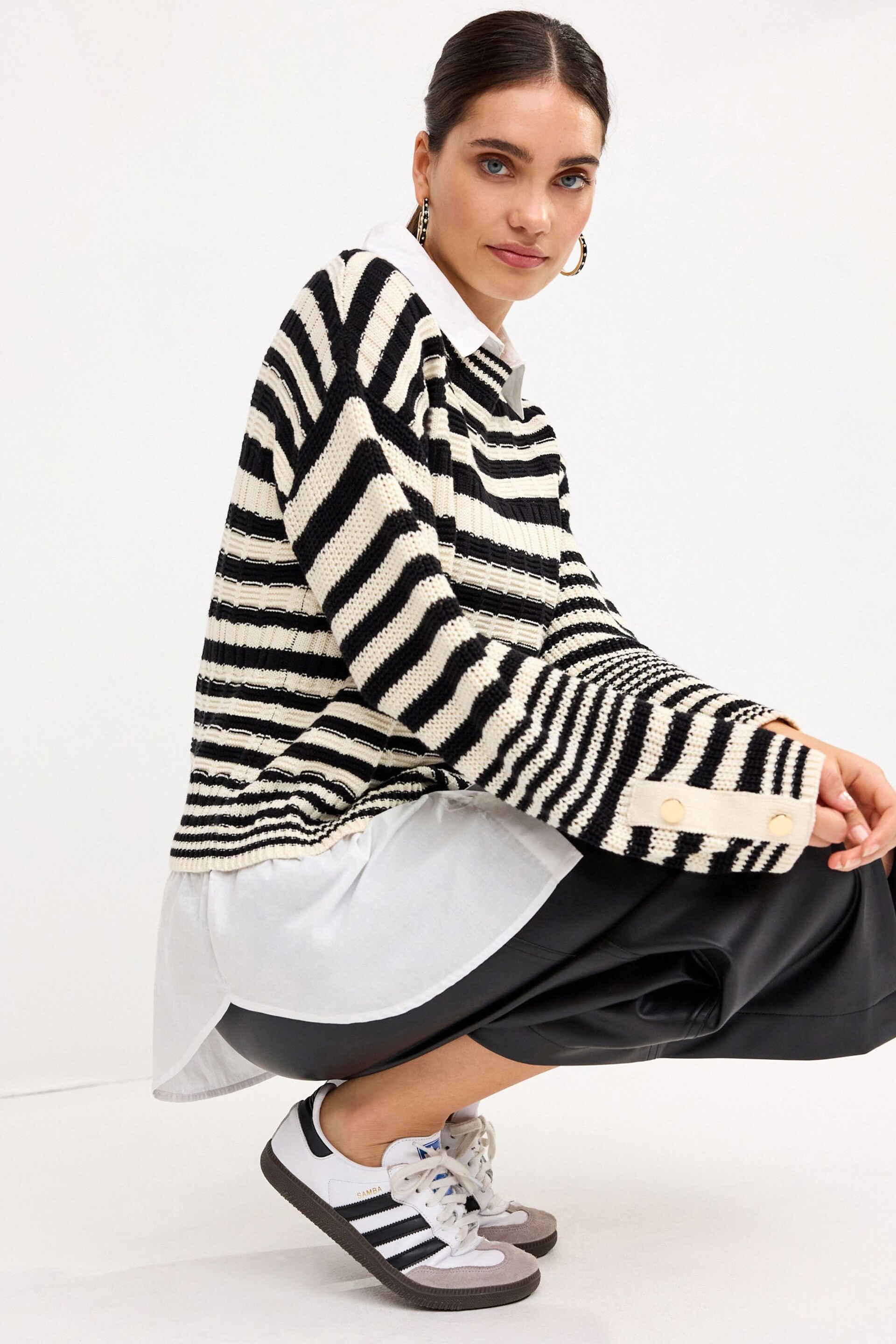 Black and Ecru Cream Stripe Stitch Detail Shirt Layer Jumper - Image 2 of 6