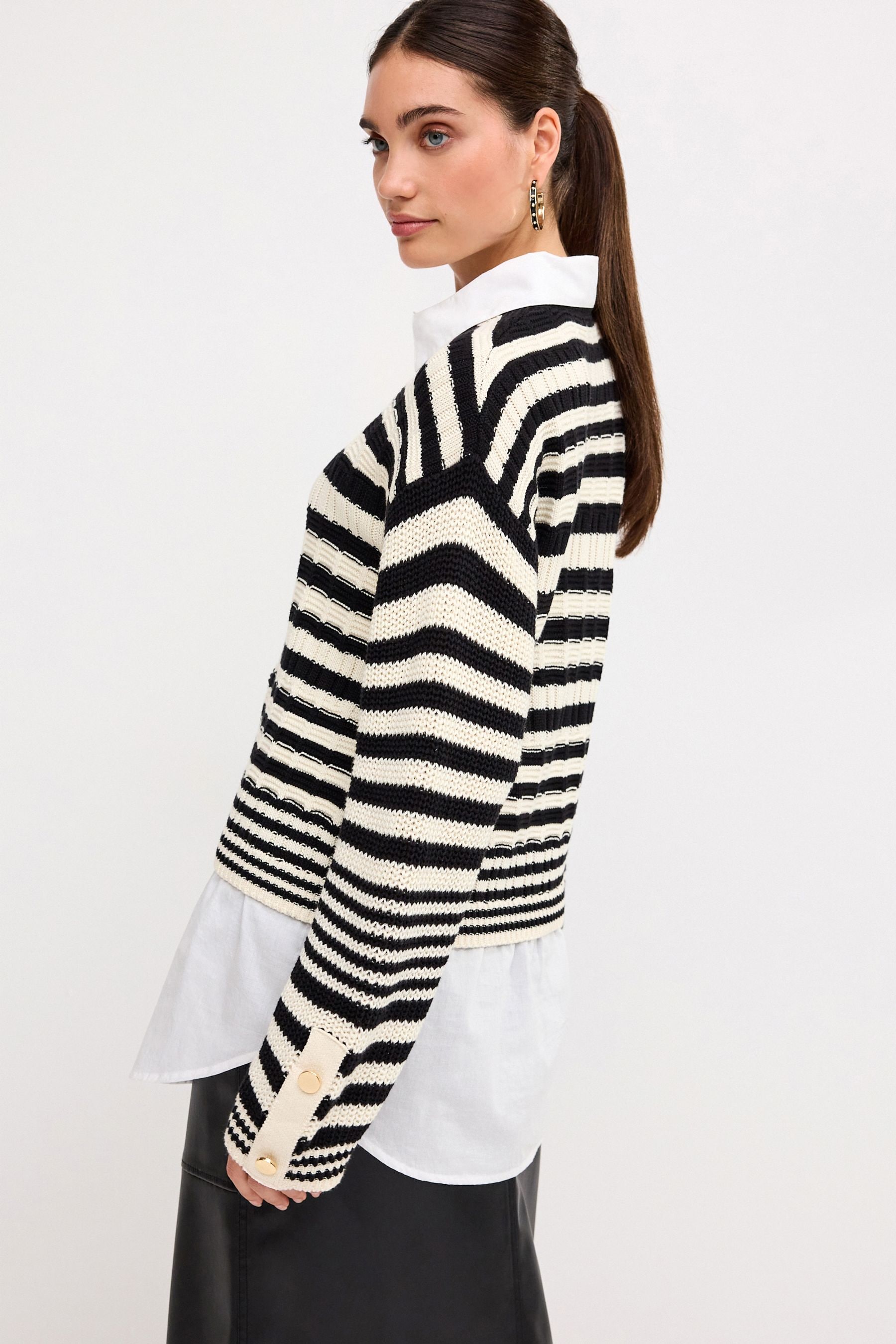 Buy Black and Ecru Cream Stripe Stitch Detail Shirt Layer Jumper from Next Luxembourg