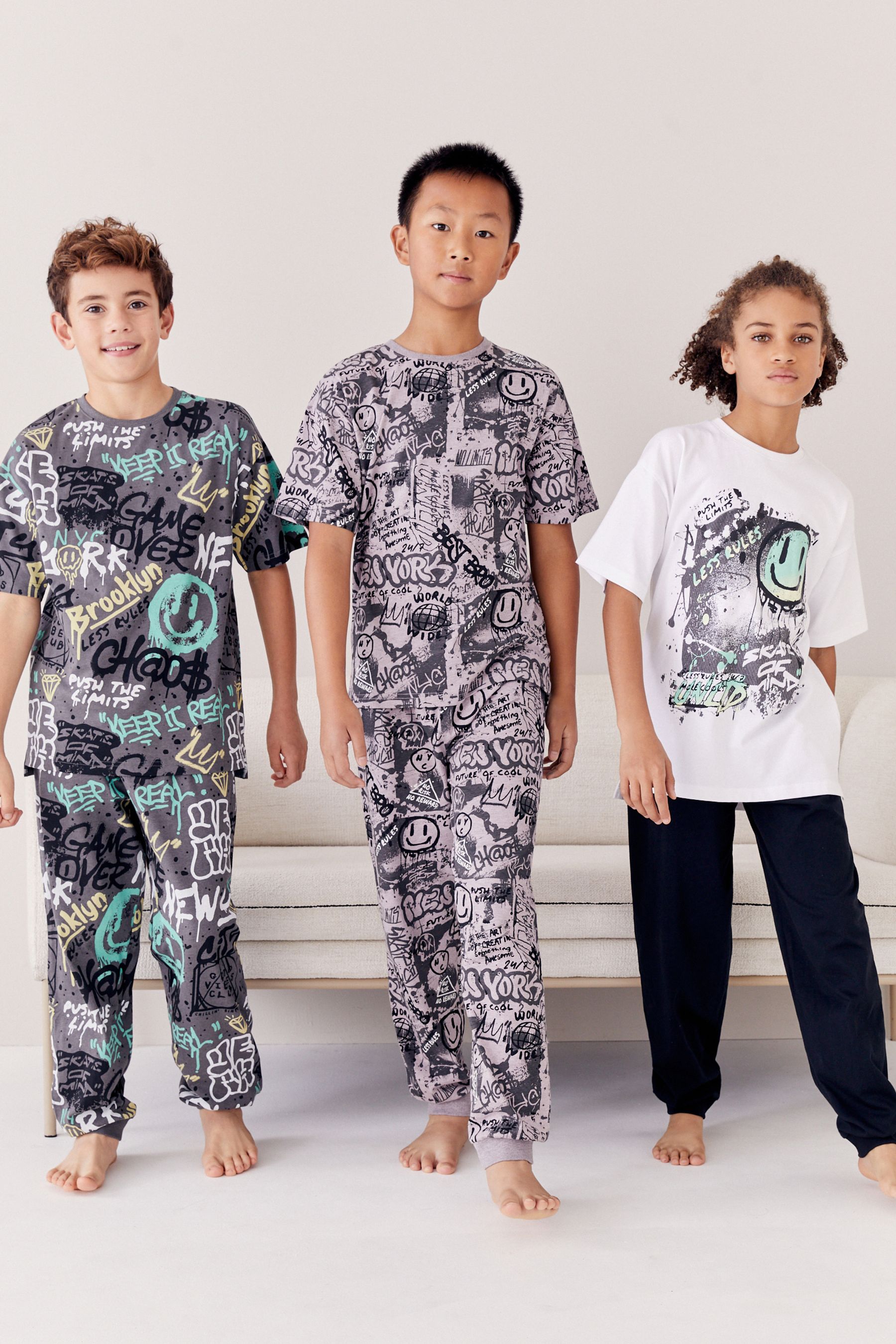 Buy Charcoal Grey Purple Grafitti Long Leg Short Sleeve Pyjamas 3 Pack 3 16yrs from Next Luxembourg