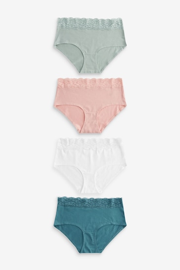 White/Pink/Green Midi Cotton and Lace Knickers 4 Pack