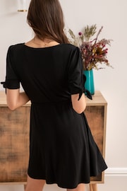 Pour Moi Black Bella Fuller Bust Slinky Stretch Tie Sleeve Mini Dress - Image 2 of 5