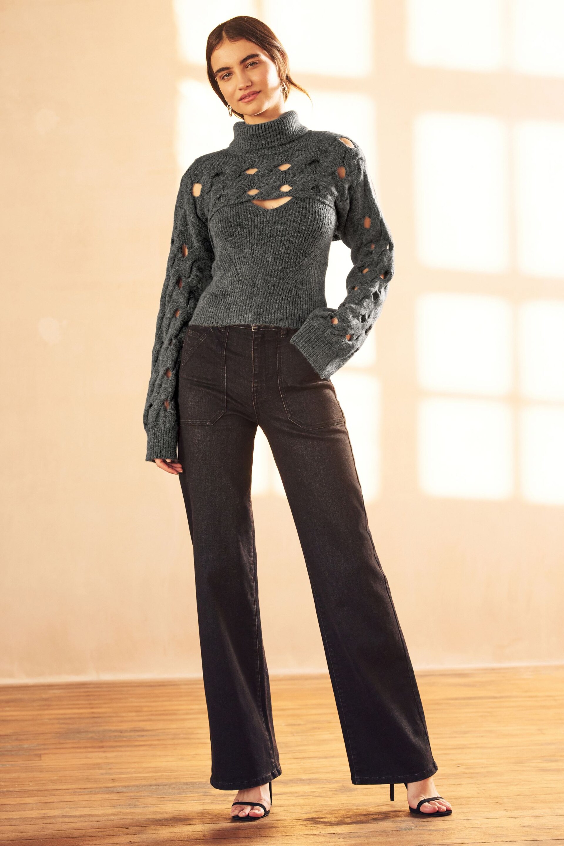Charcoal Grey 2 In 1 Open Stitch Vest and Roll Neck Cropped Shrug Jumper - Image 2 of 8