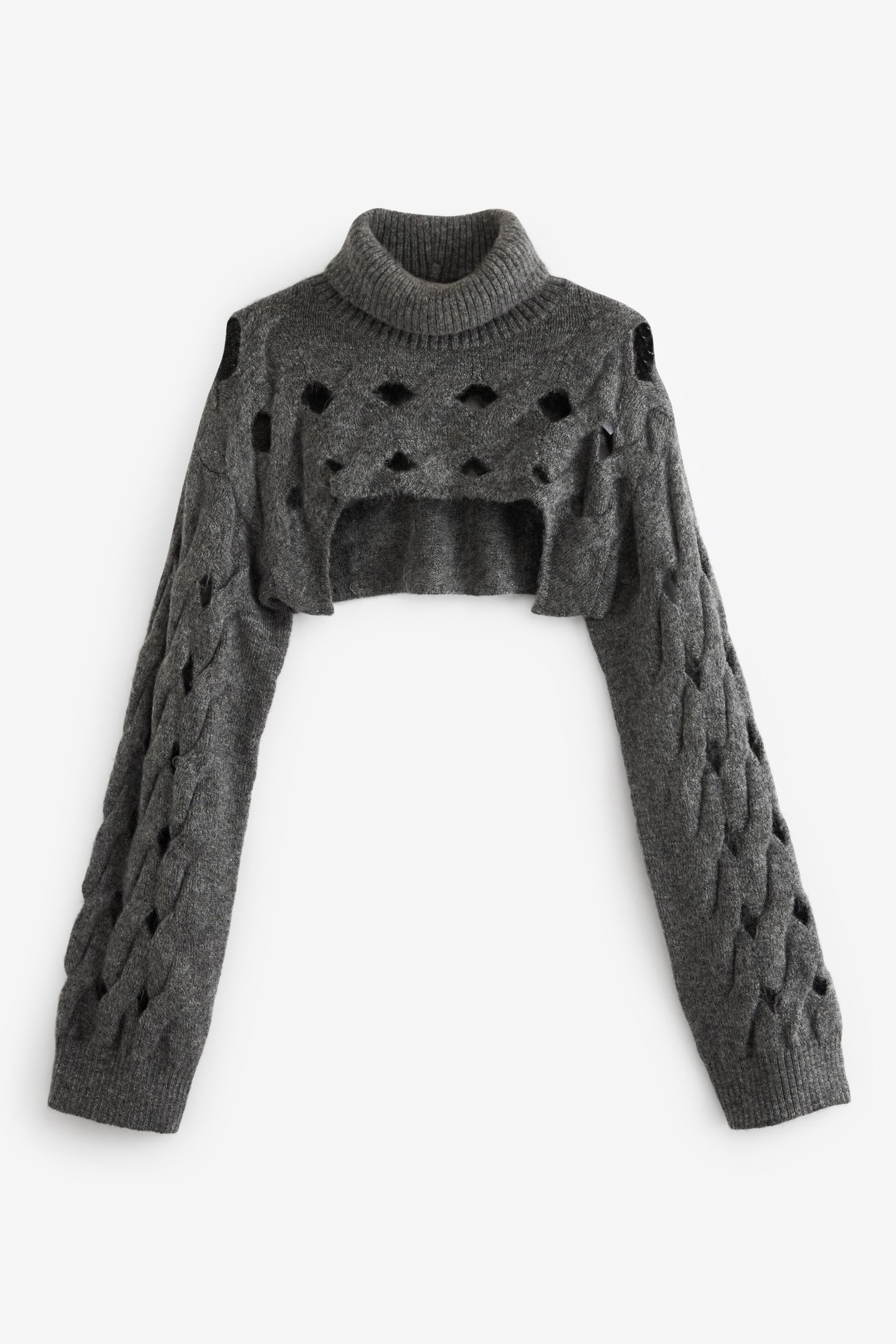 Charcoal Grey 2 In 1 Open Stitch Vest and Roll Neck Cropped Shrug Jumper - Image 6 of 8