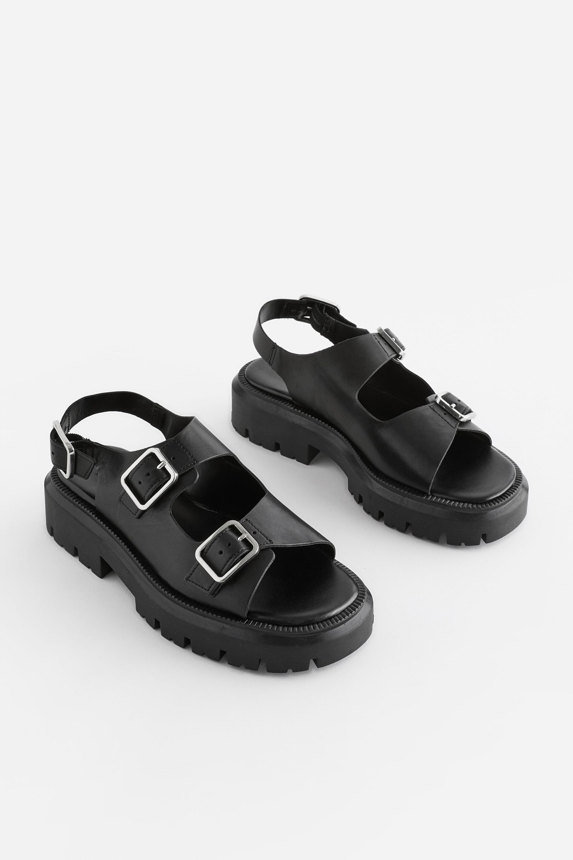 Black Regular/Wide Fit Premium Leather Chunky Cleated Sandals - Image 1 of 8