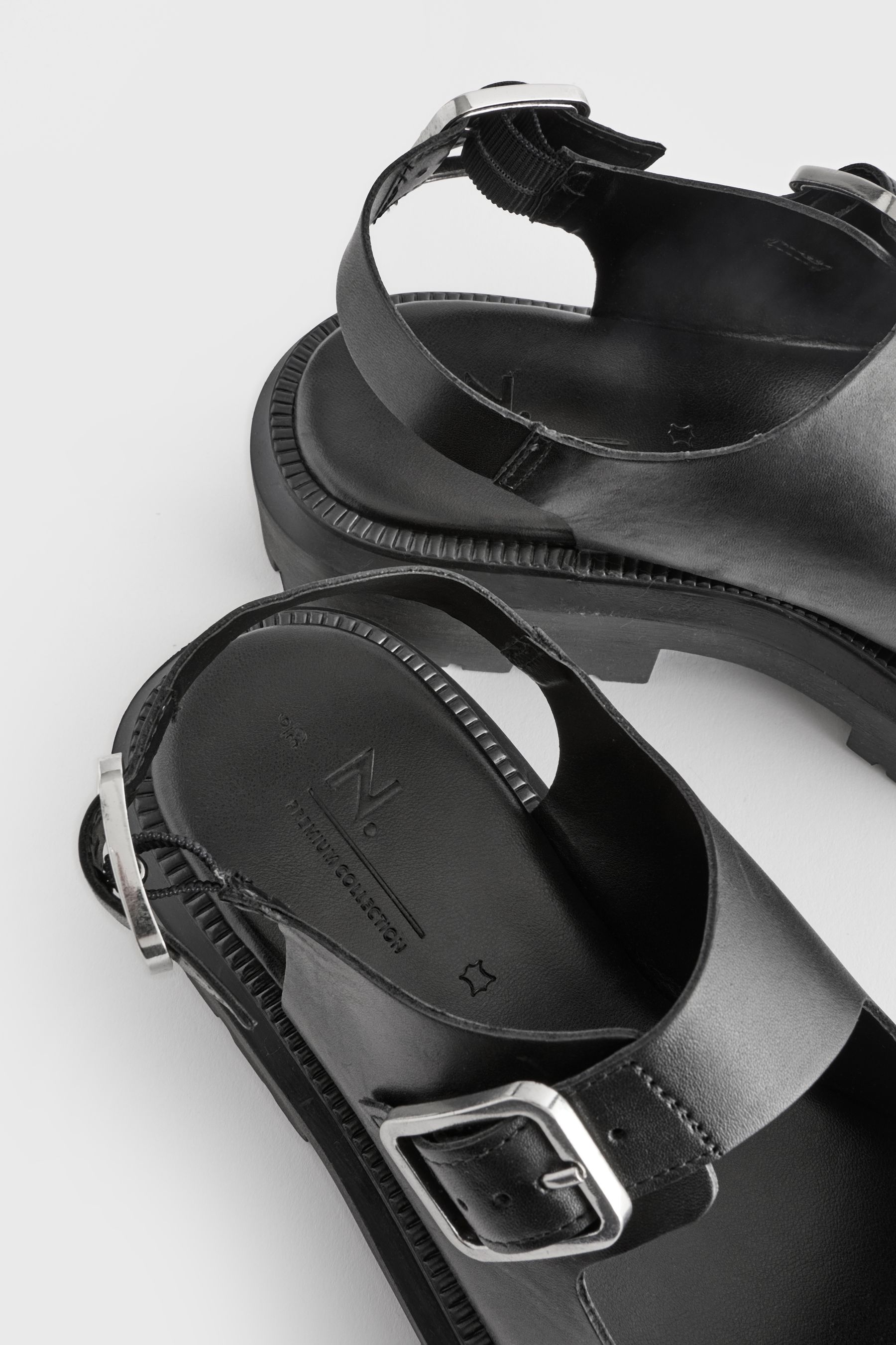 Black Regular Wide Fit Premium Leather Chunky Cleated Sandals