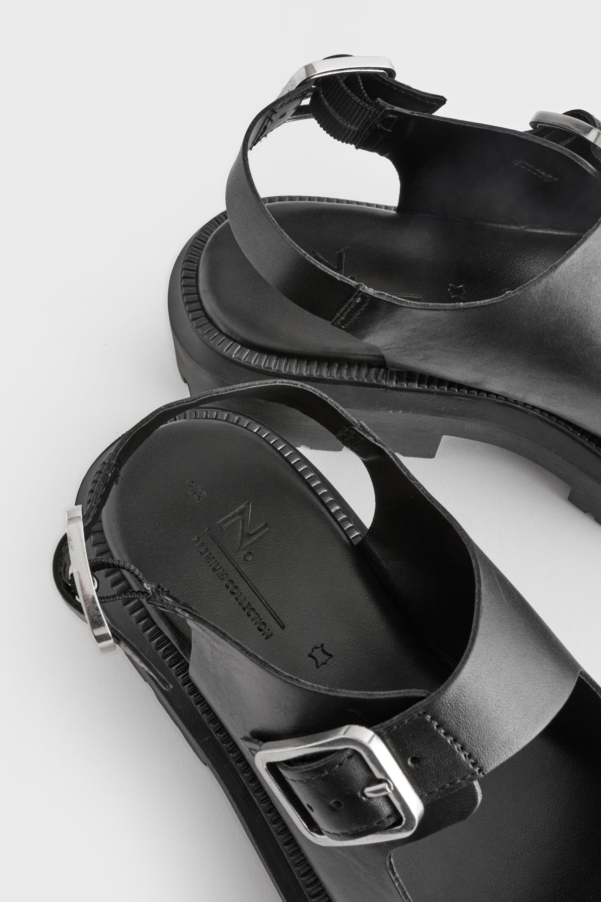 Black Regular/Wide Fit Premium Leather Chunky Cleated Sandals - Image 7 of 8