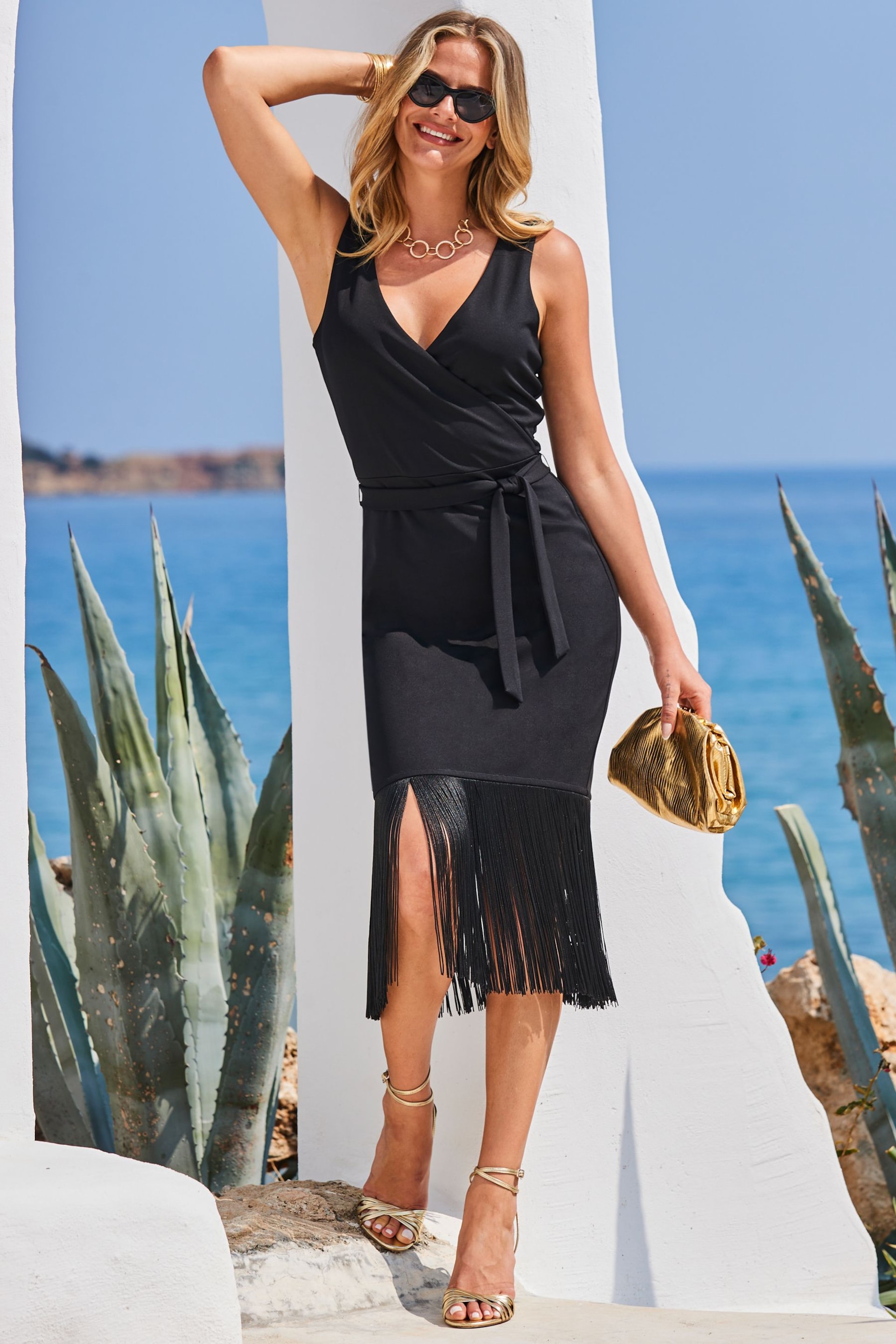 Sosandar Black Tassle Detail Wrap Dress - Image 1 of 5