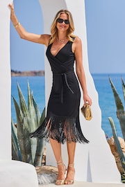 Sosandar Black Tassle Detail Wrap Dress - Image 3 of 5