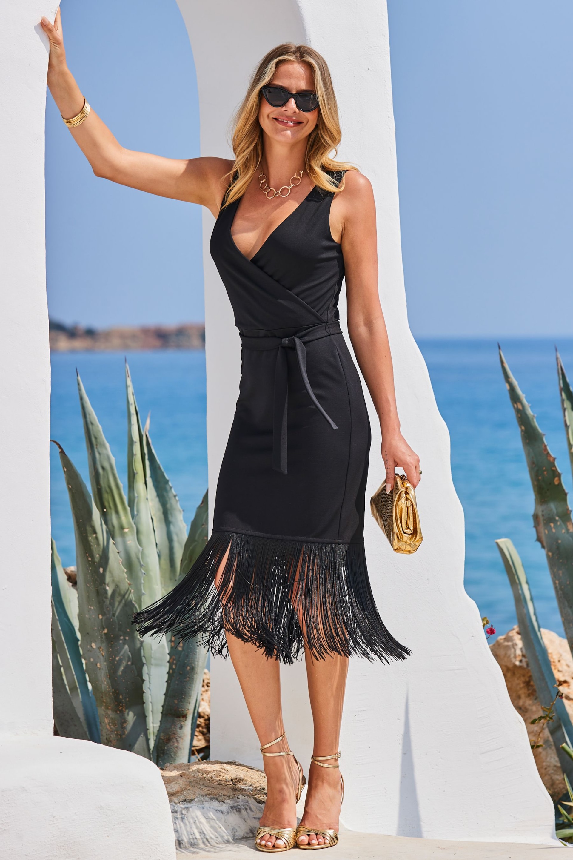 Sosandar Black Tassle Detail Wrap Dress - Image 3 of 5