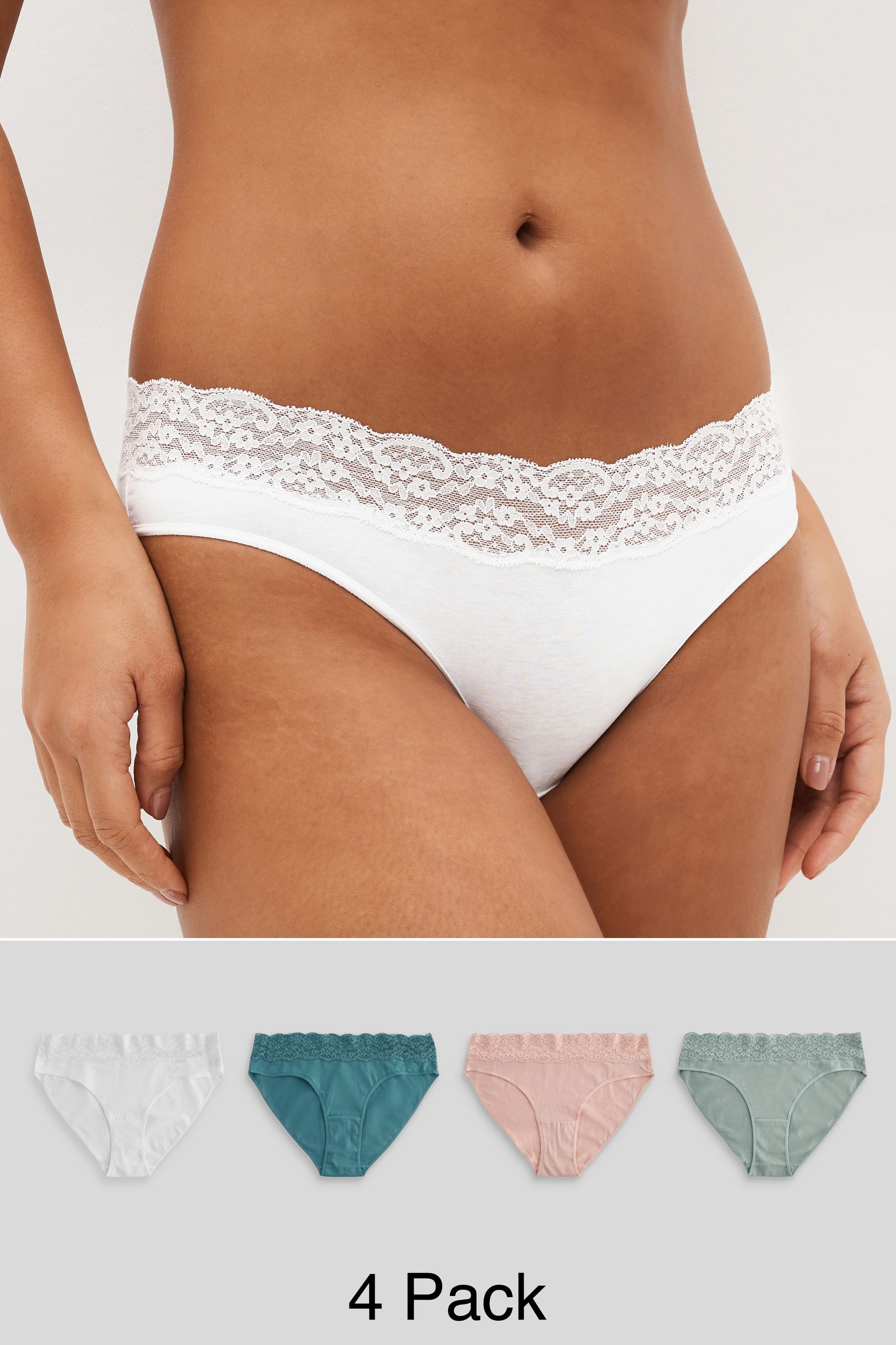 White Pink Green High Leg Cotton and Lace Knickers 4 Pack