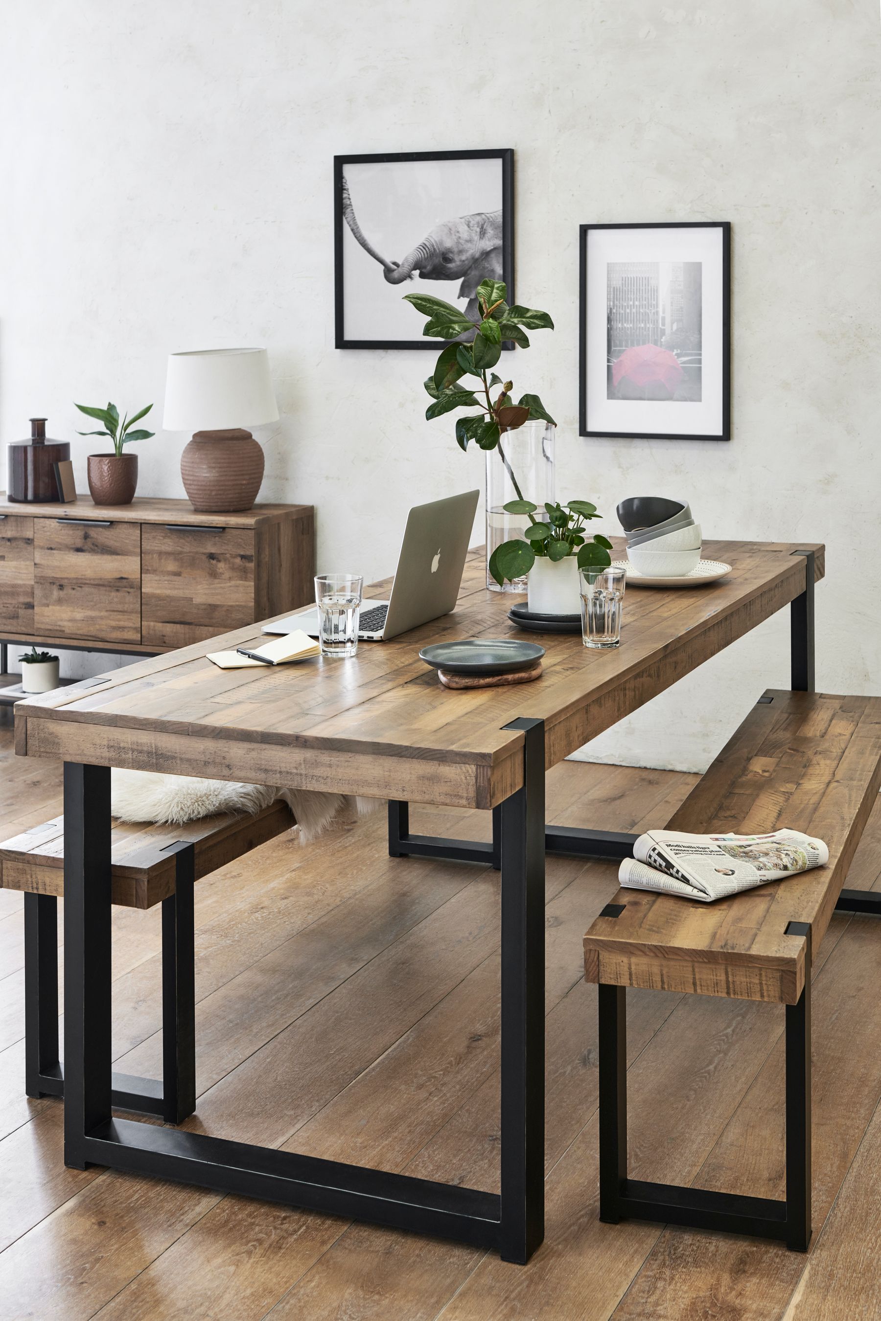 Buy Natural and Black Jefferson Pine 8 Seater Dining Table and Bench Set from the Next UK online shop