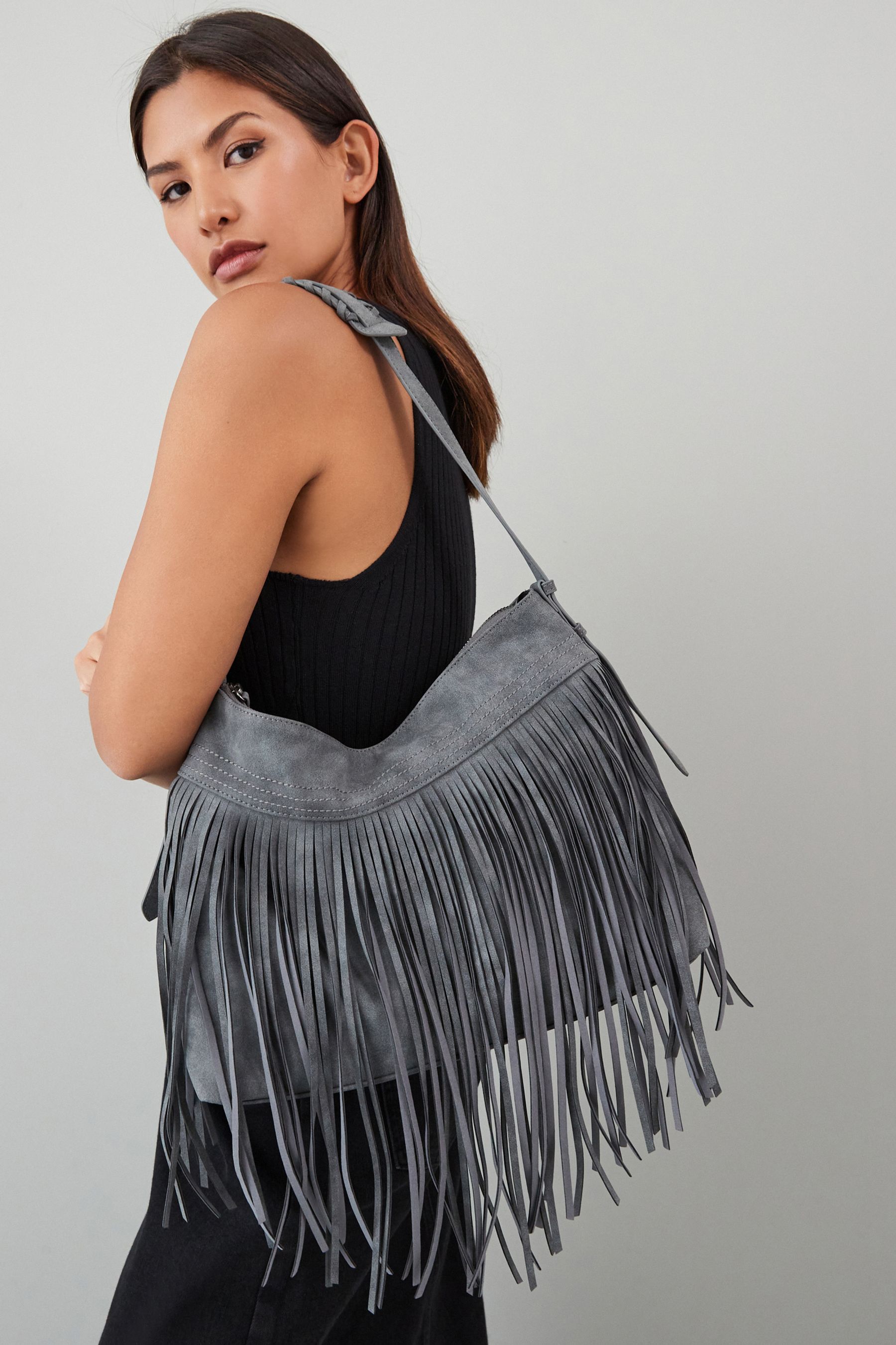 Grey fringe bag outlet