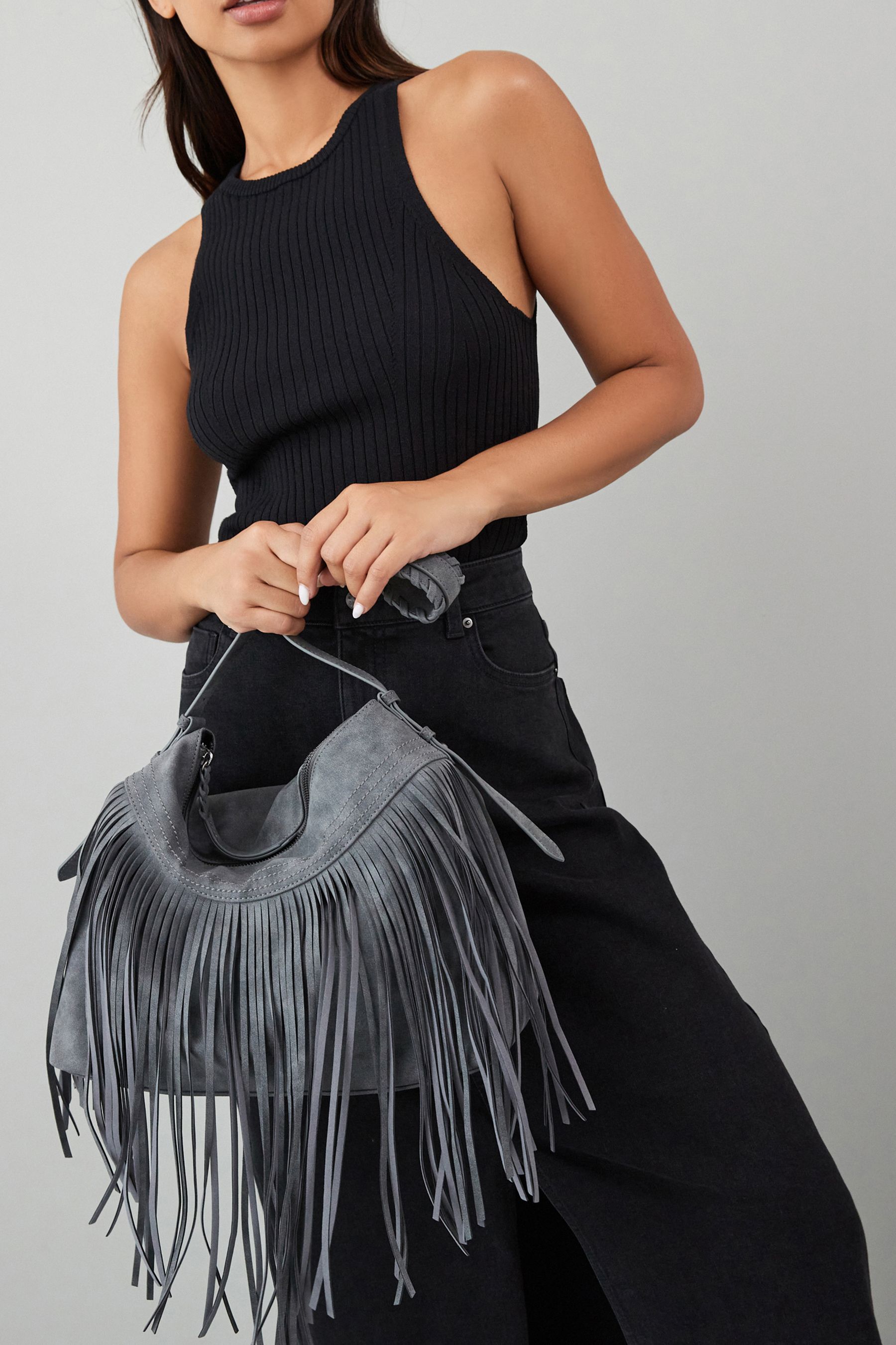 Buy Grey Fringe Hobo Shoulder Bag from Next Luxembourg