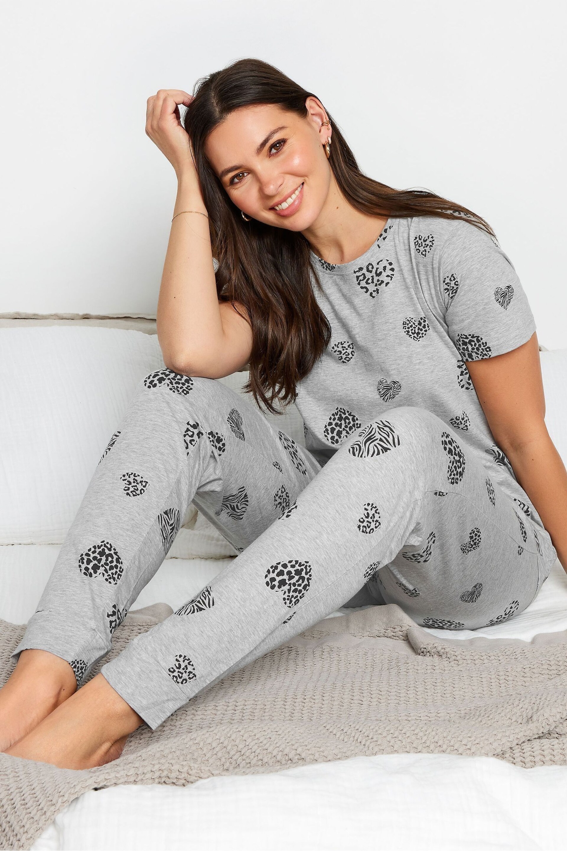 Long Tall Sally Grey Animal Heart Print Pyjama Set - Image 3 of 4