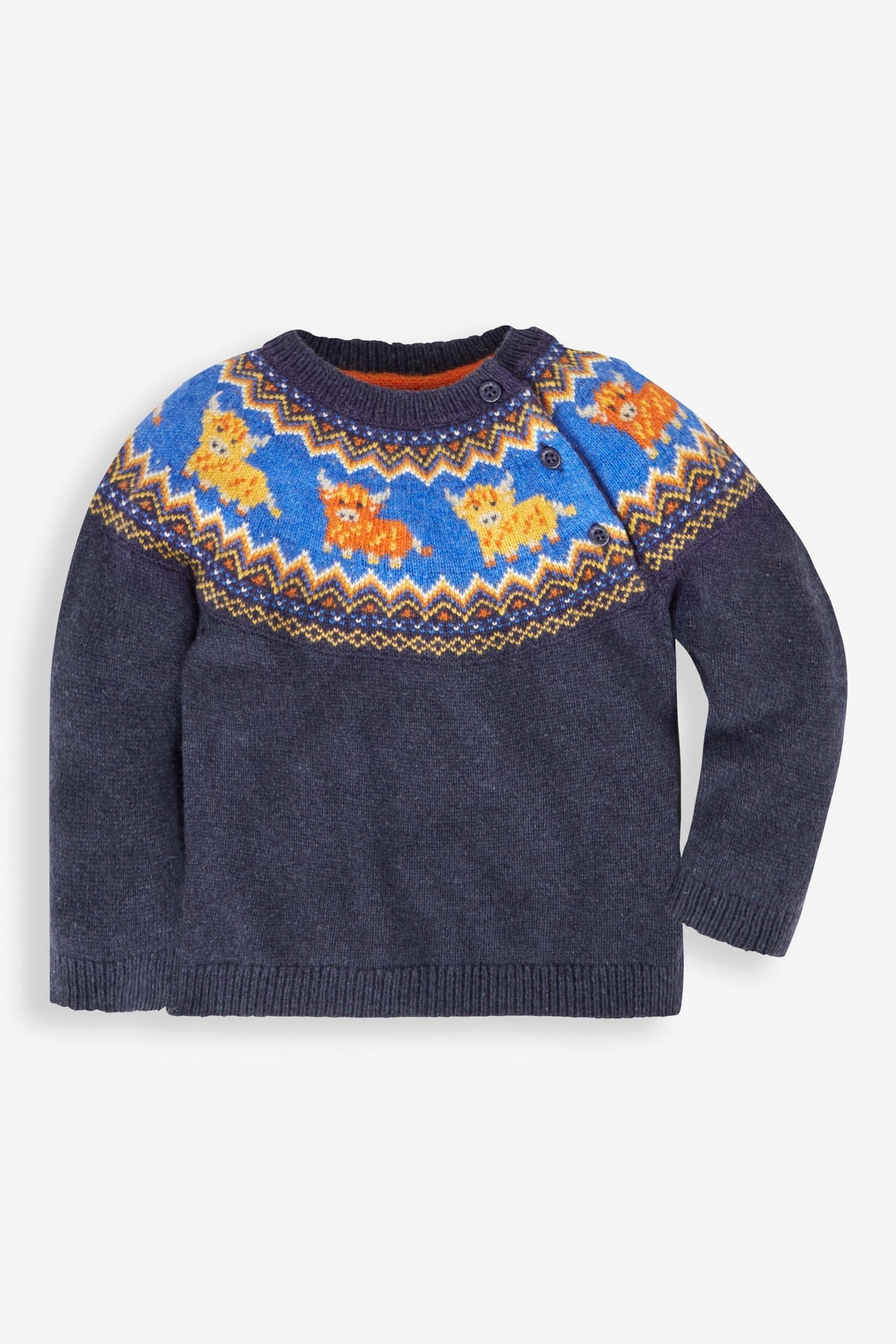 JoJo Maman Bébé Navy Blue Highland Cow Fair Isle Jumper - Image 1 of 2