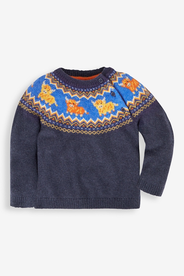 JoJo Maman Bébé Navy Blue Highland Cow Fairisle Pattern Jumper - Image 1 of 2