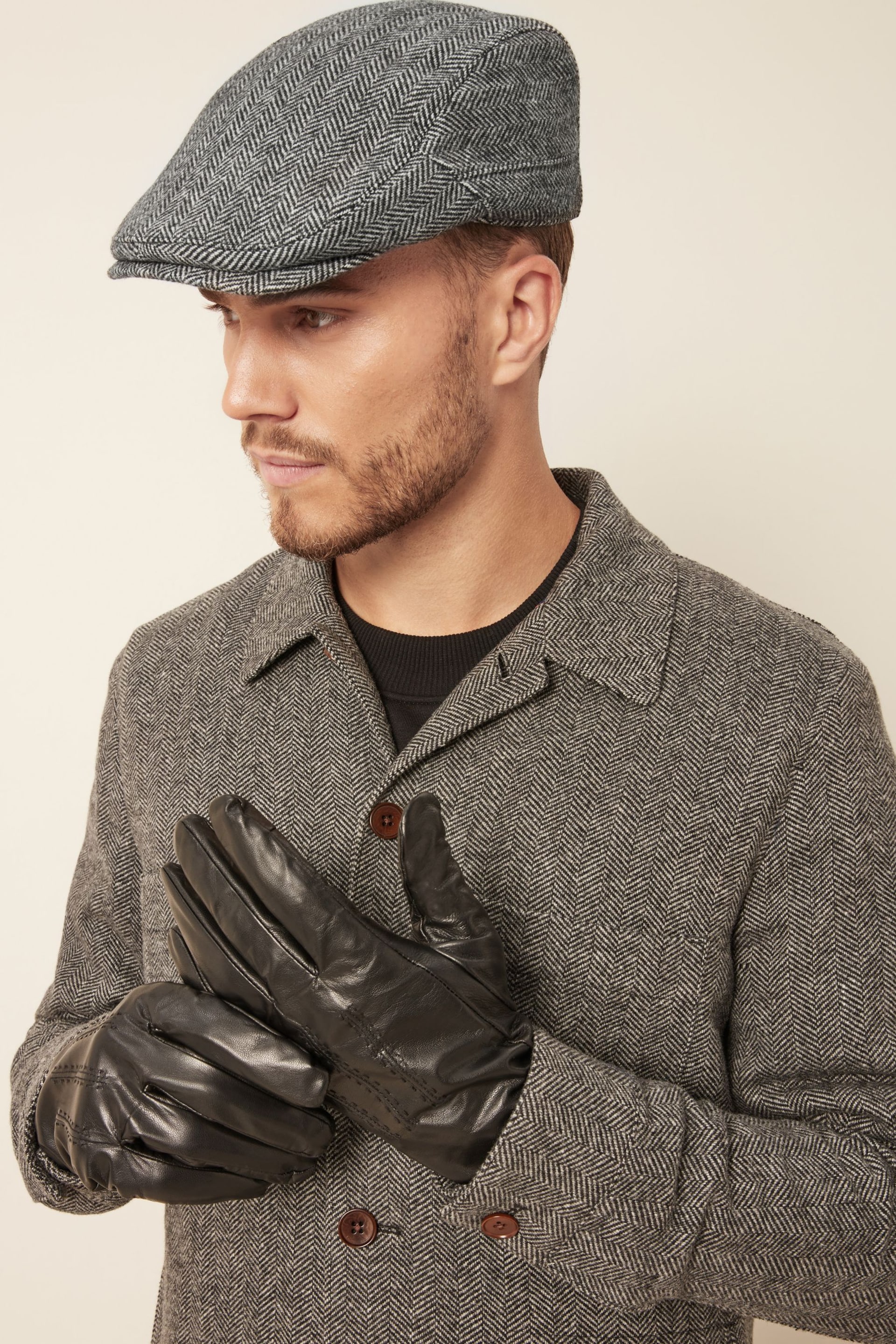 Grey/Black Texture Flatcap and Leather Gloves Set - Image 1 of 8