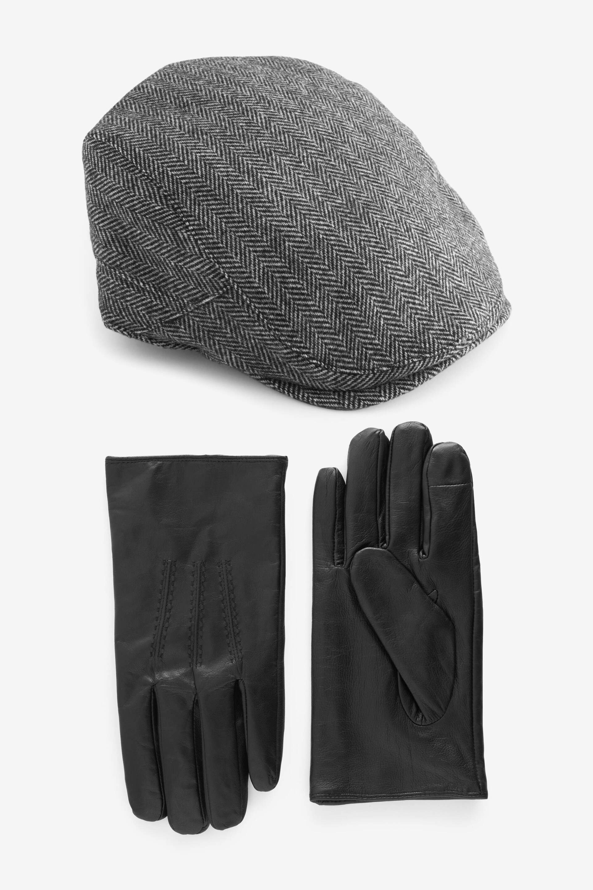 Grey/Black Texture Flatcap and Leather Gloves Set - Image 4 of 8