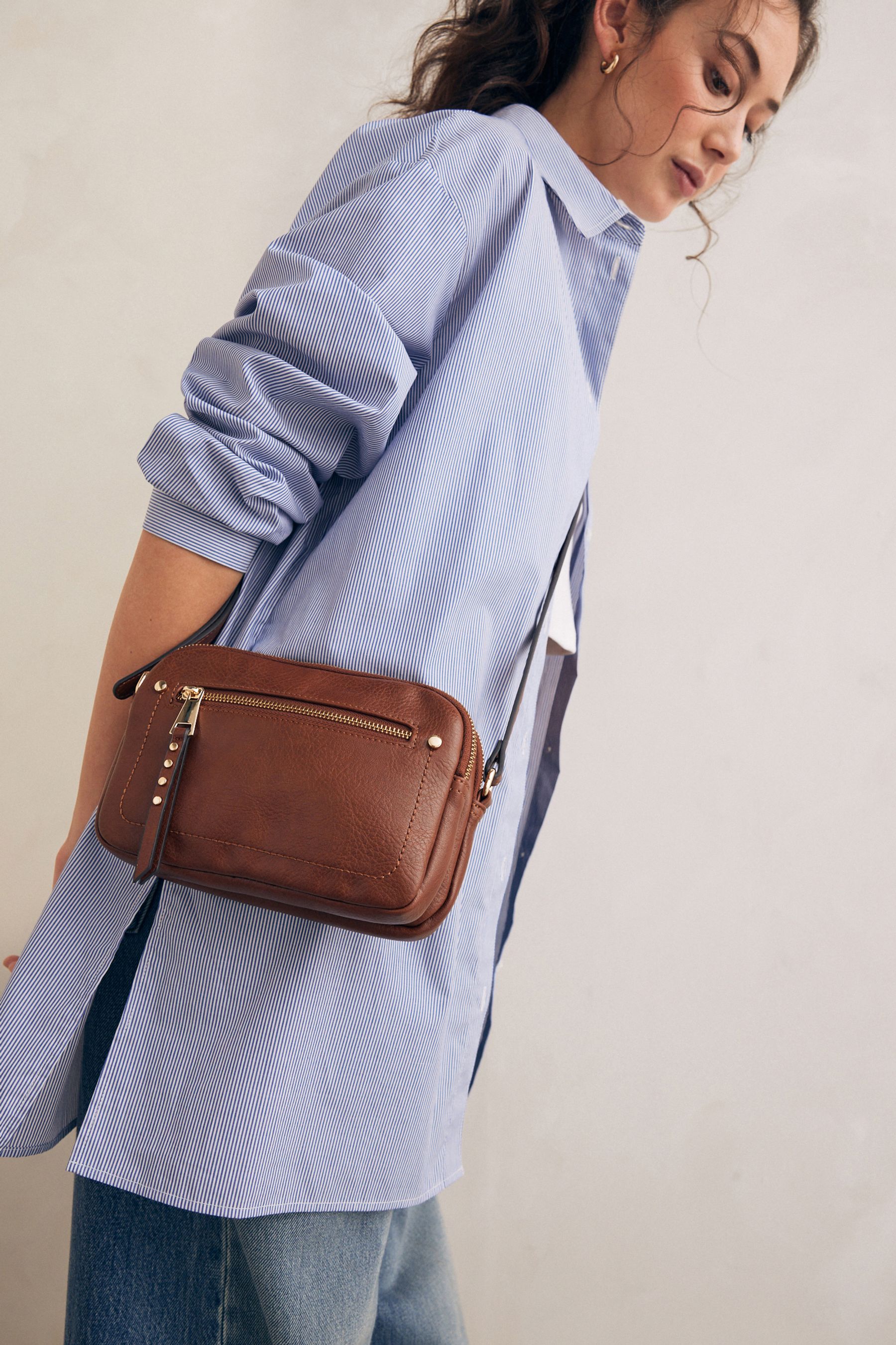 Tan Brown Utility Stud Cross Body Bag