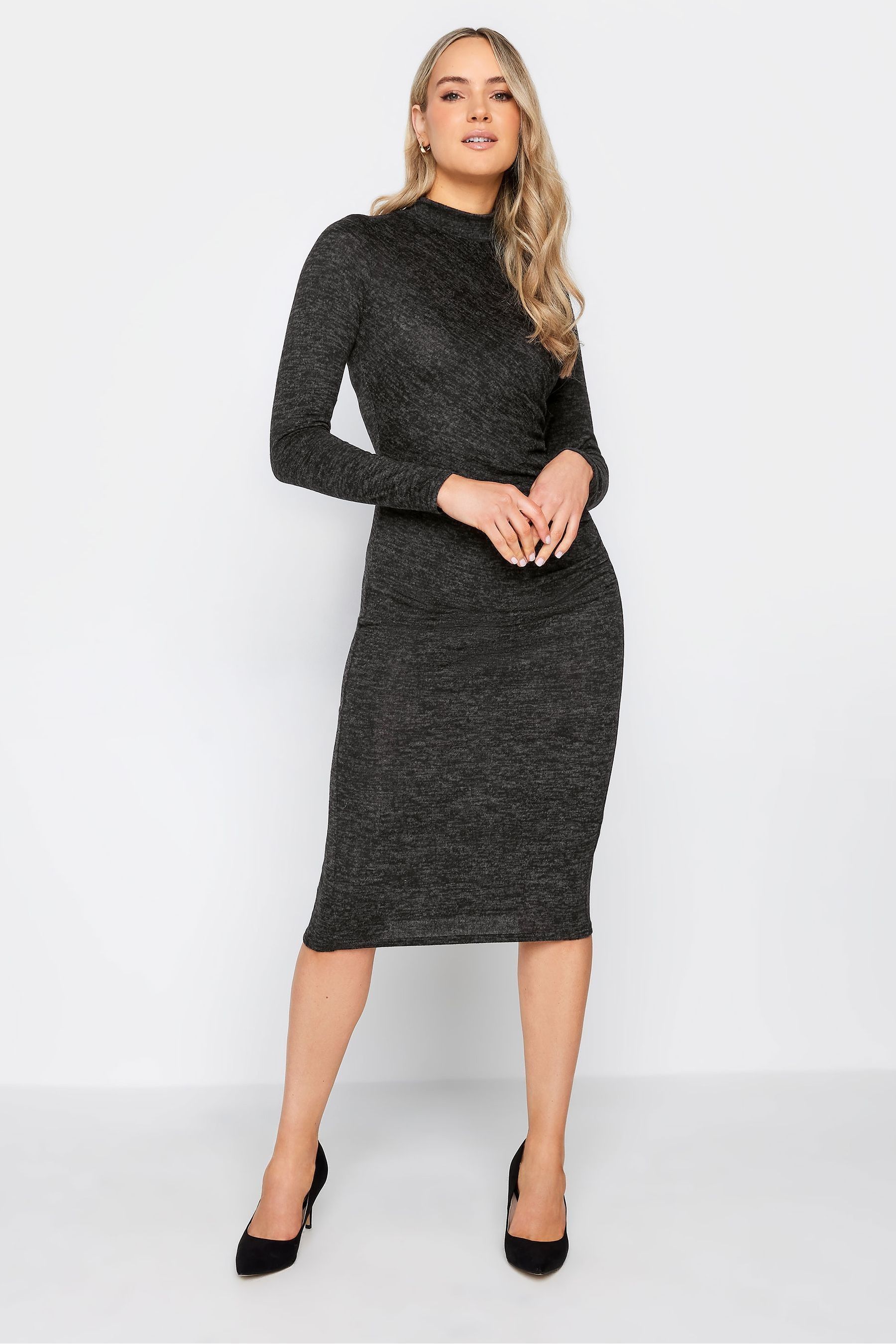Buy Long Tall Sally Black Charcoal Marl High Neck Ruched Midi