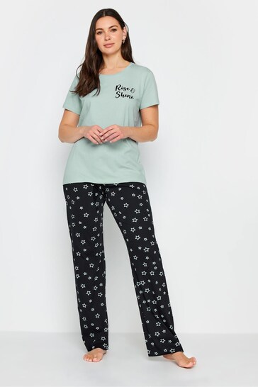 Long Tall Sally Green 'Rise & Shine' Slogan Wide Leg Pyjama Set