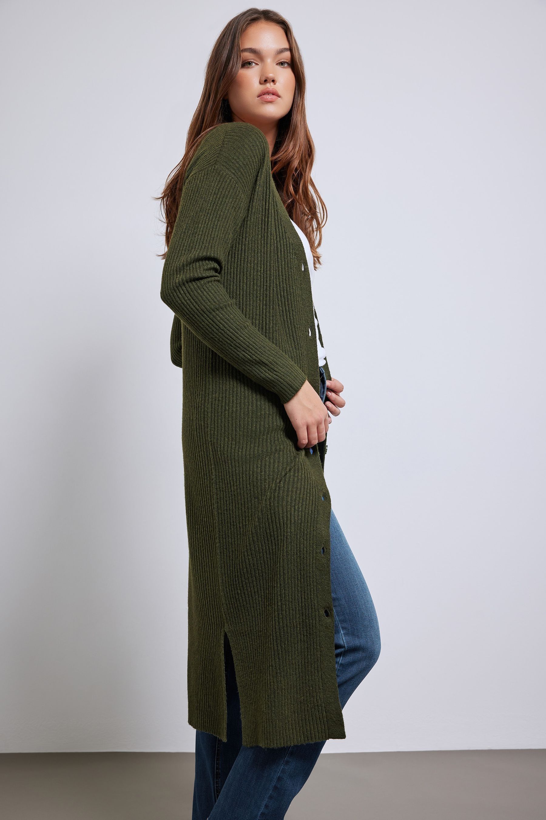 Buy Long Tall Sally Olive Green Ribbed Longline Cardigan from Next Luxembourg