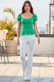 Sosandar Green Guipure Sweetheart Puff Sleeve Top - Image 3 of 6