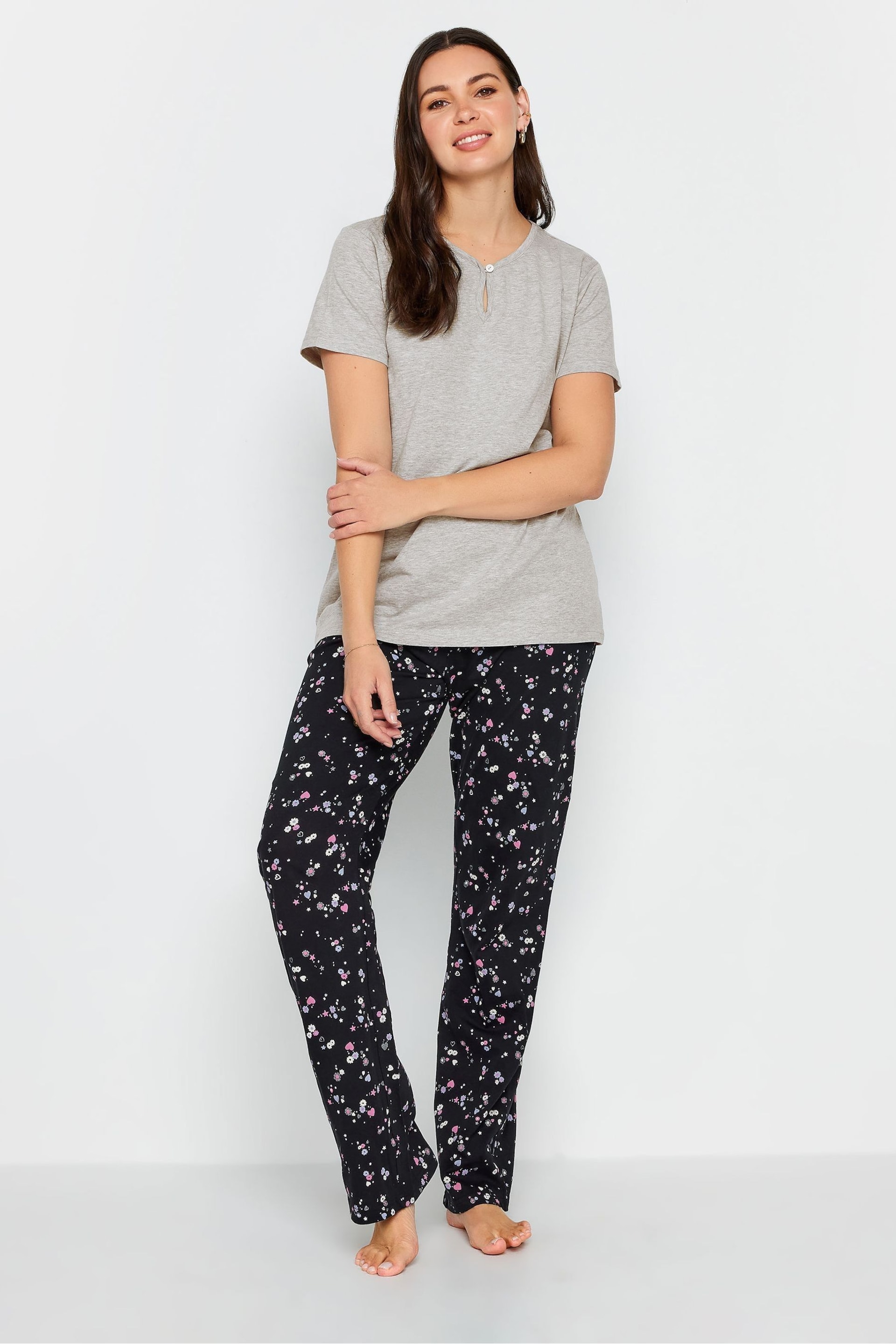 Long Tall Sally Grey Ditsy Floral Print Wide Leg Pyjama Set - Image 1 of 4