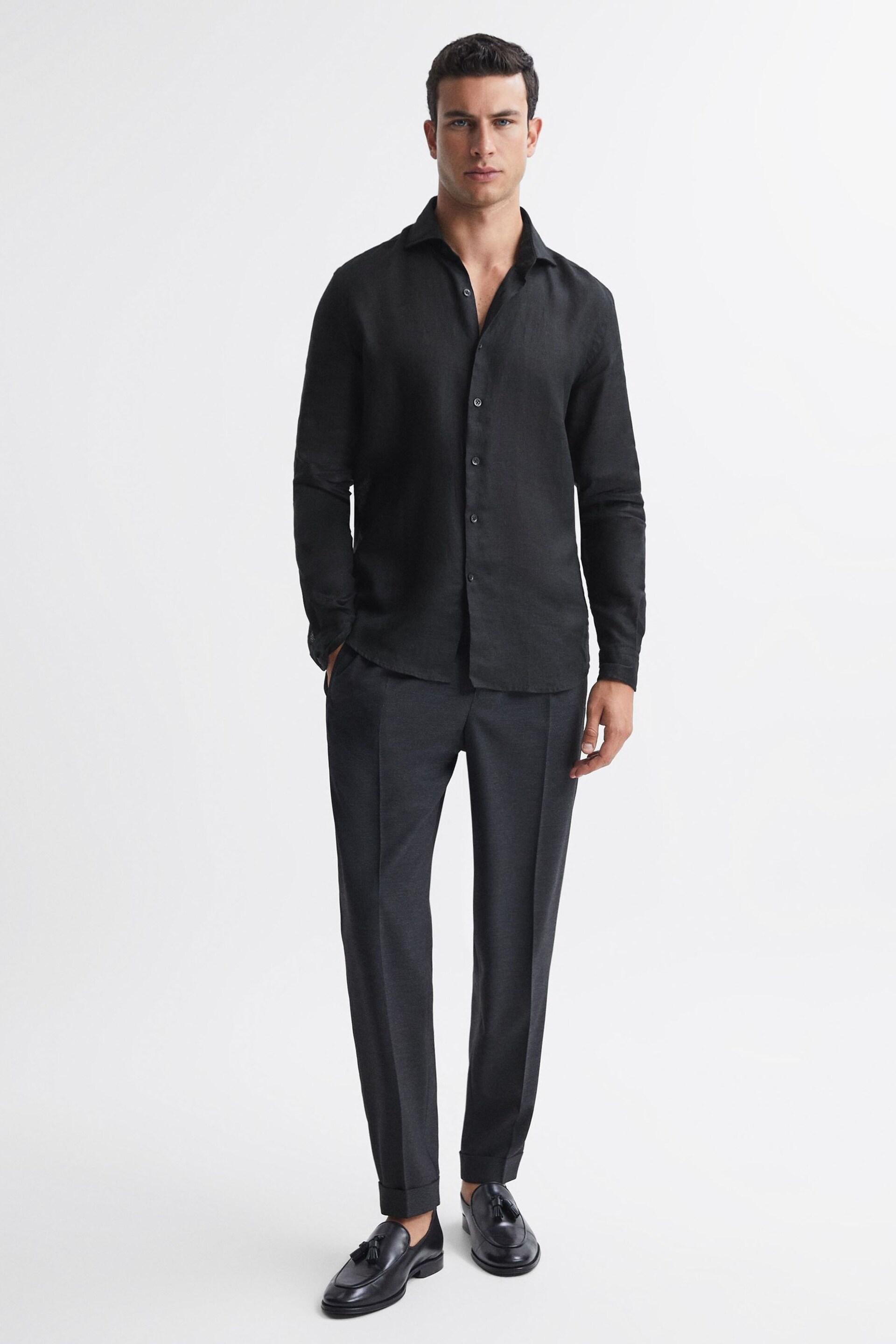 Reiss Black Rex Linen Cutaway Collar Shirt - Image 3 of 5