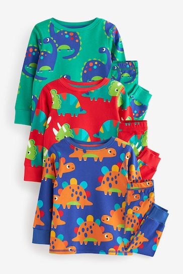 Red/Blue/Green Dinosaur Long Sleeve 3 Pack Pyjamas Set (9mths-8yrs)