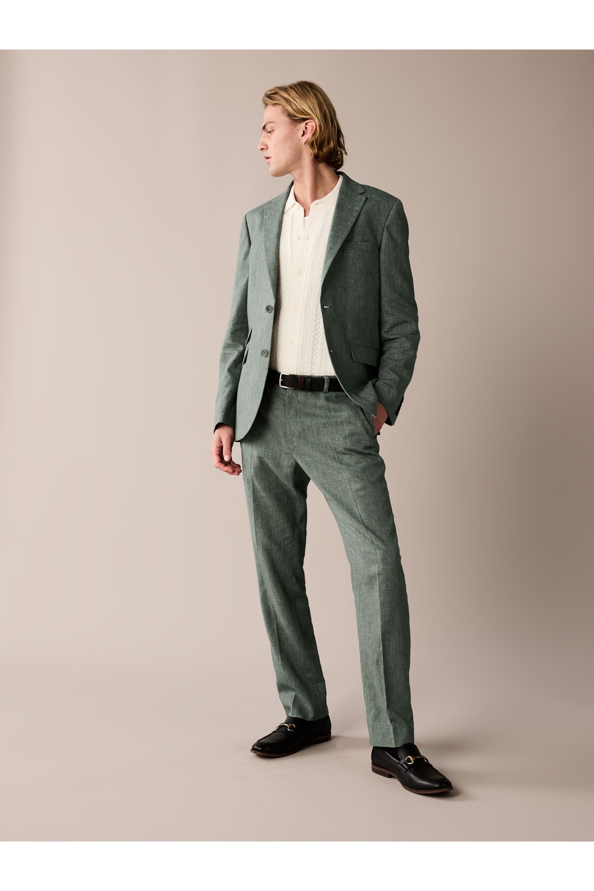 Green Linen Tailored Fit Suit: Trousers - Image 2 of 3