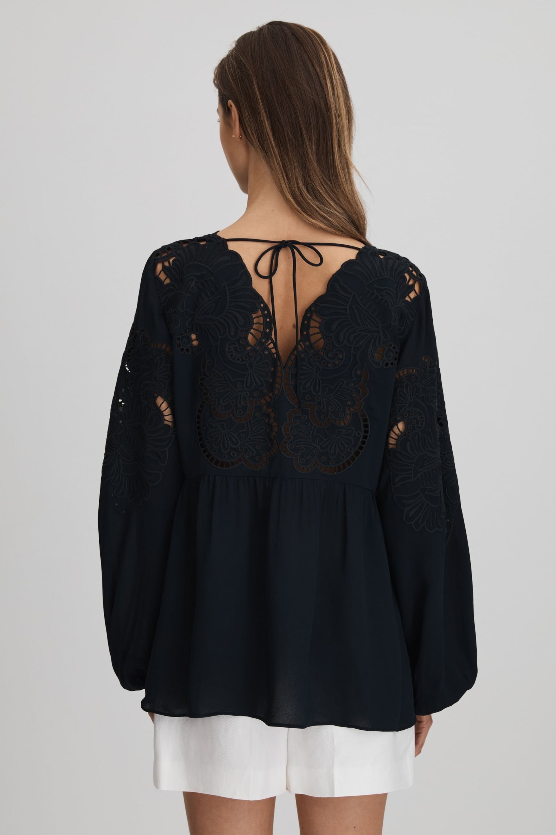 Reiss Navy Noa Lace Cut-Out Blouse - Image 5 of 7