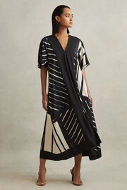 Reiss Black/White Cami Printed Fit and Flare Midi Dress - Image 1 of 7