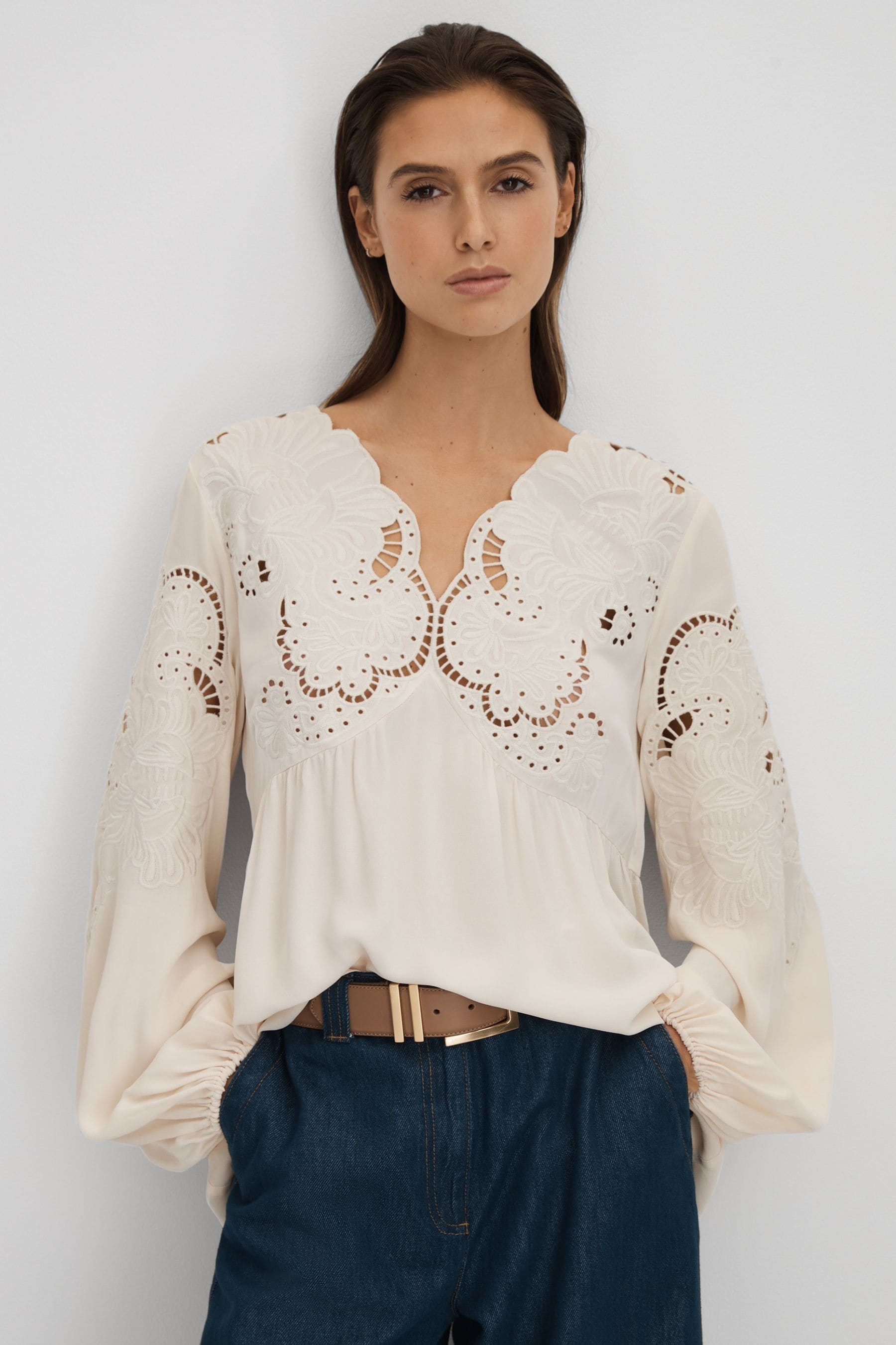 Buy Reiss Cream Noa Lace Cut Out Blouse from the Next UK online shop