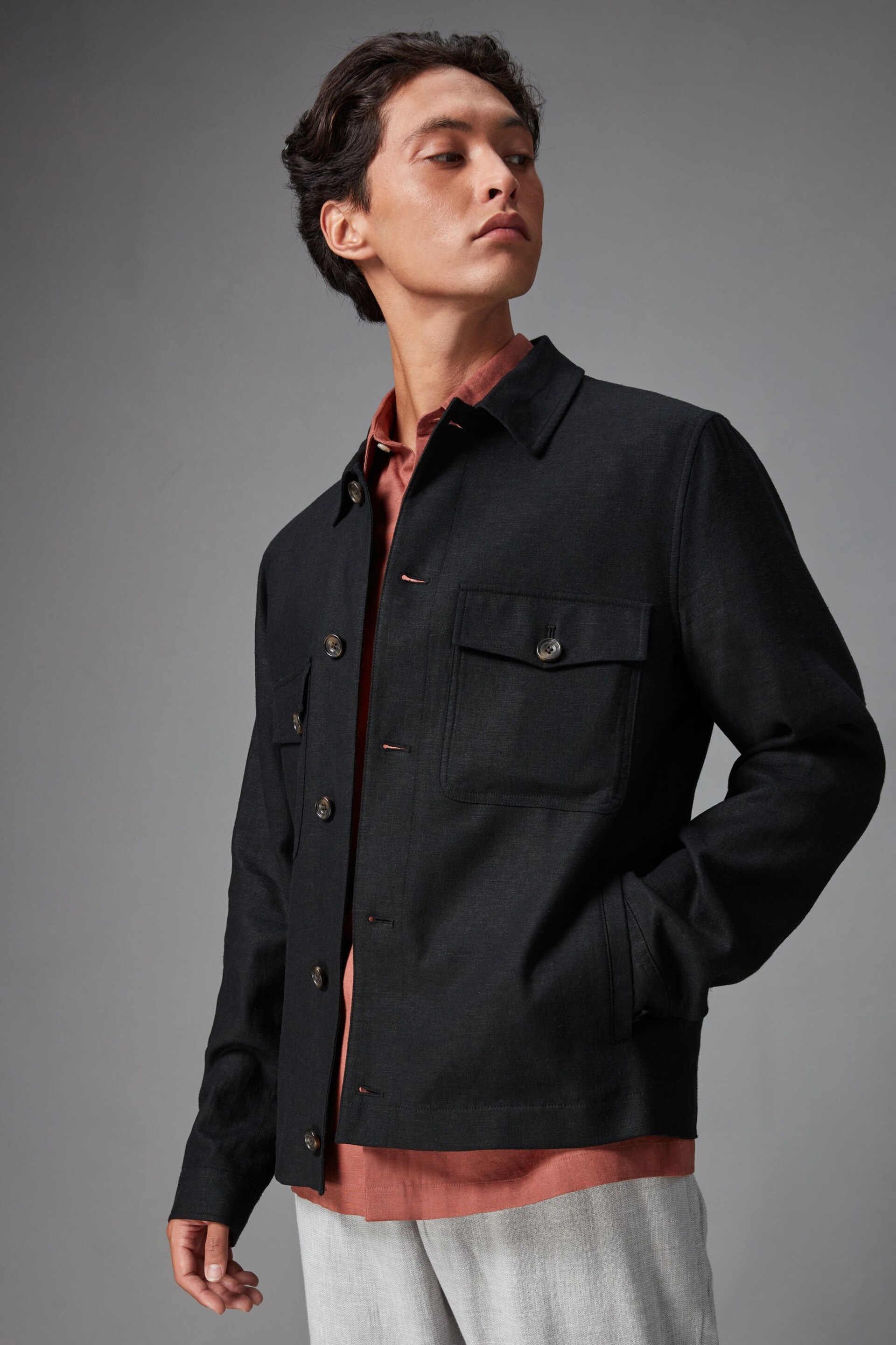 Black Linen Blend Trucker Jacket - Image 1 of 12