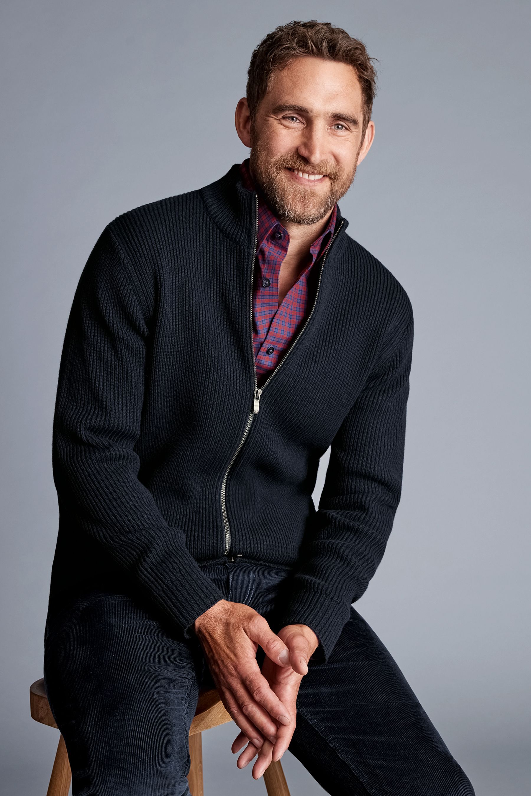 Buy Charles Tyrwhitt Blue Chunky Rib Zip Funnel Neck Cardigan from