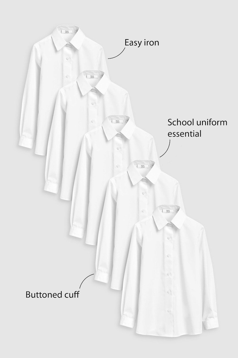 White Slim Fit 5 Pack Long Sleeve Formal School Shirts (3-18yrs) - Image 4 of 8