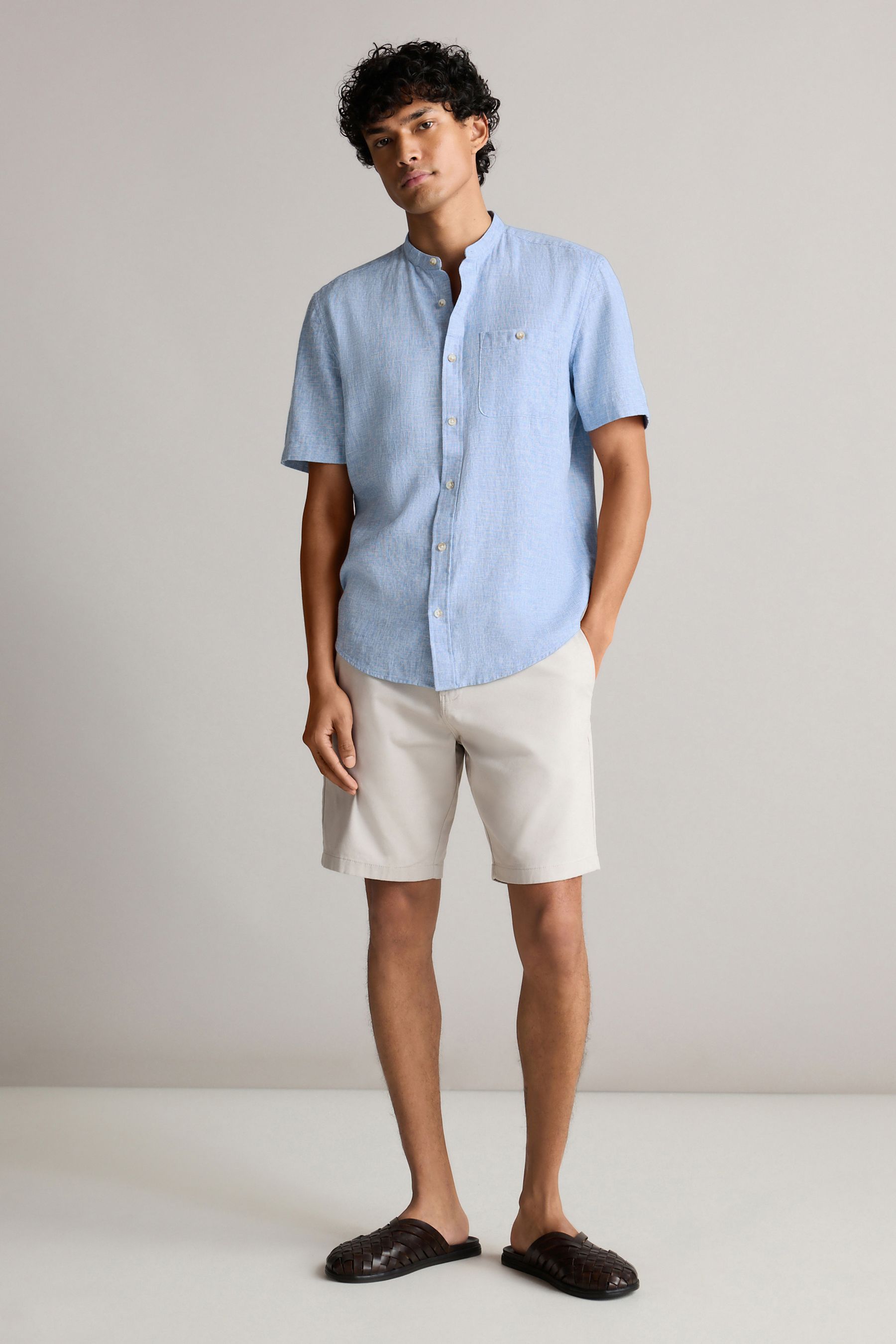 Buy Blue Grandad Collar Linen Blend Short Sleeve 100 Cotton Oxford Shirt from the Next UK online shop