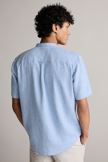 Blue Grandad Collar Linen Blend Short Sleeve Shirt