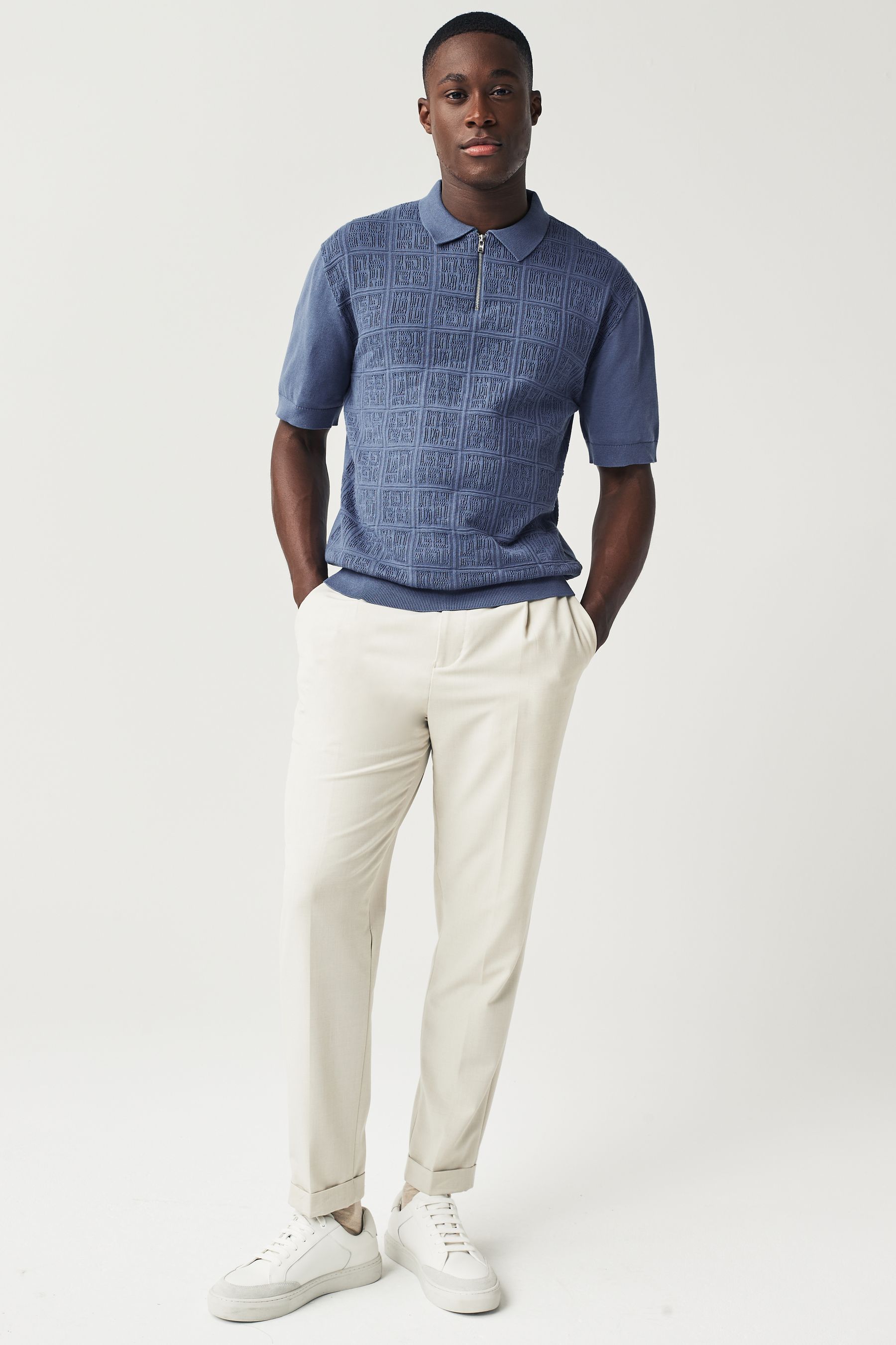 Buy Blue Relaxed Fit Knitted Pointelle Textured 100 Cotton Polo Shirt from Next Malta