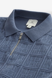 Blue Relaxed Fit Knitted Pointelle Textured 100% Cotton Polo Shirt - Image 5 of 6