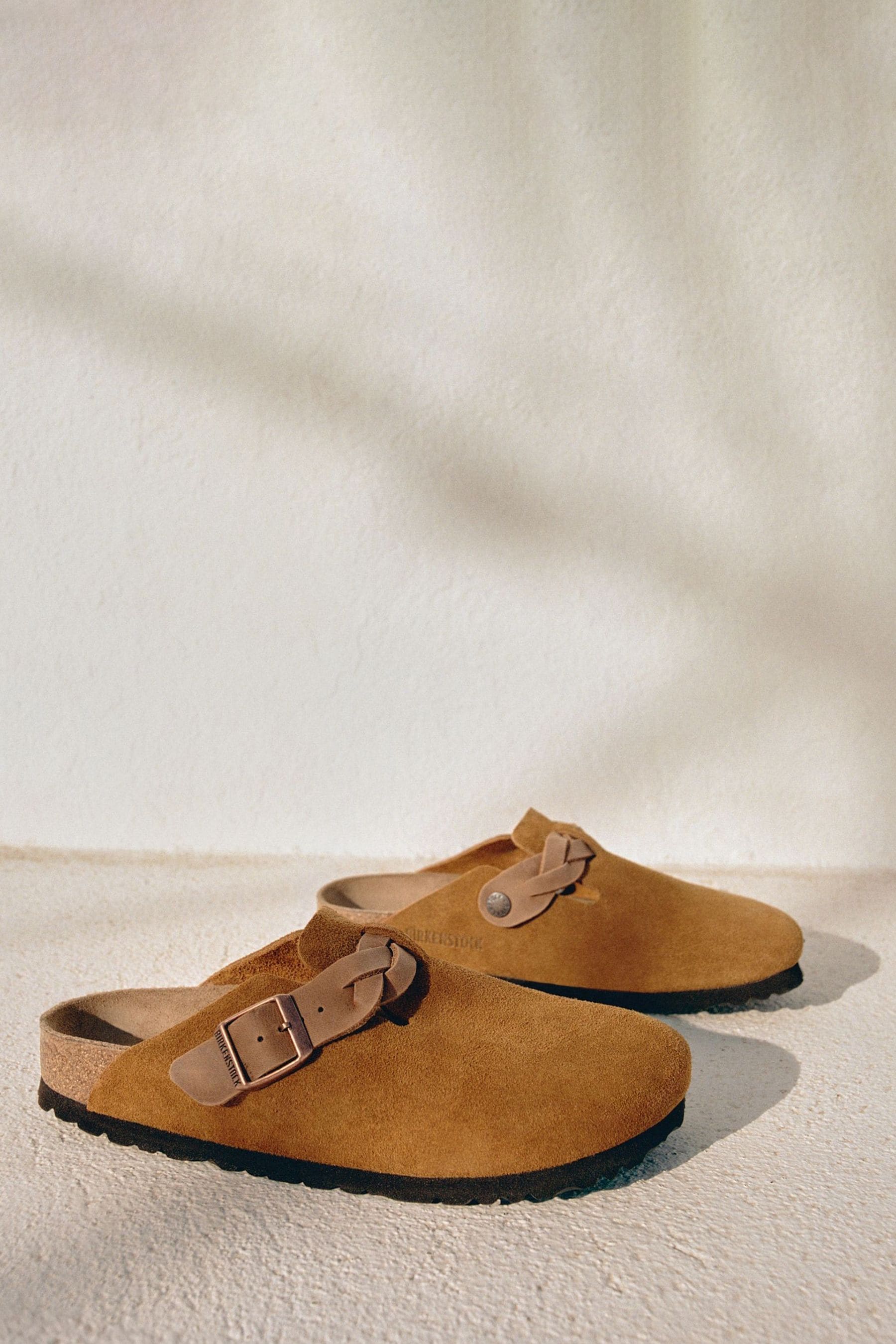 Brown Birkenstock Boston Suede Braided Clogs