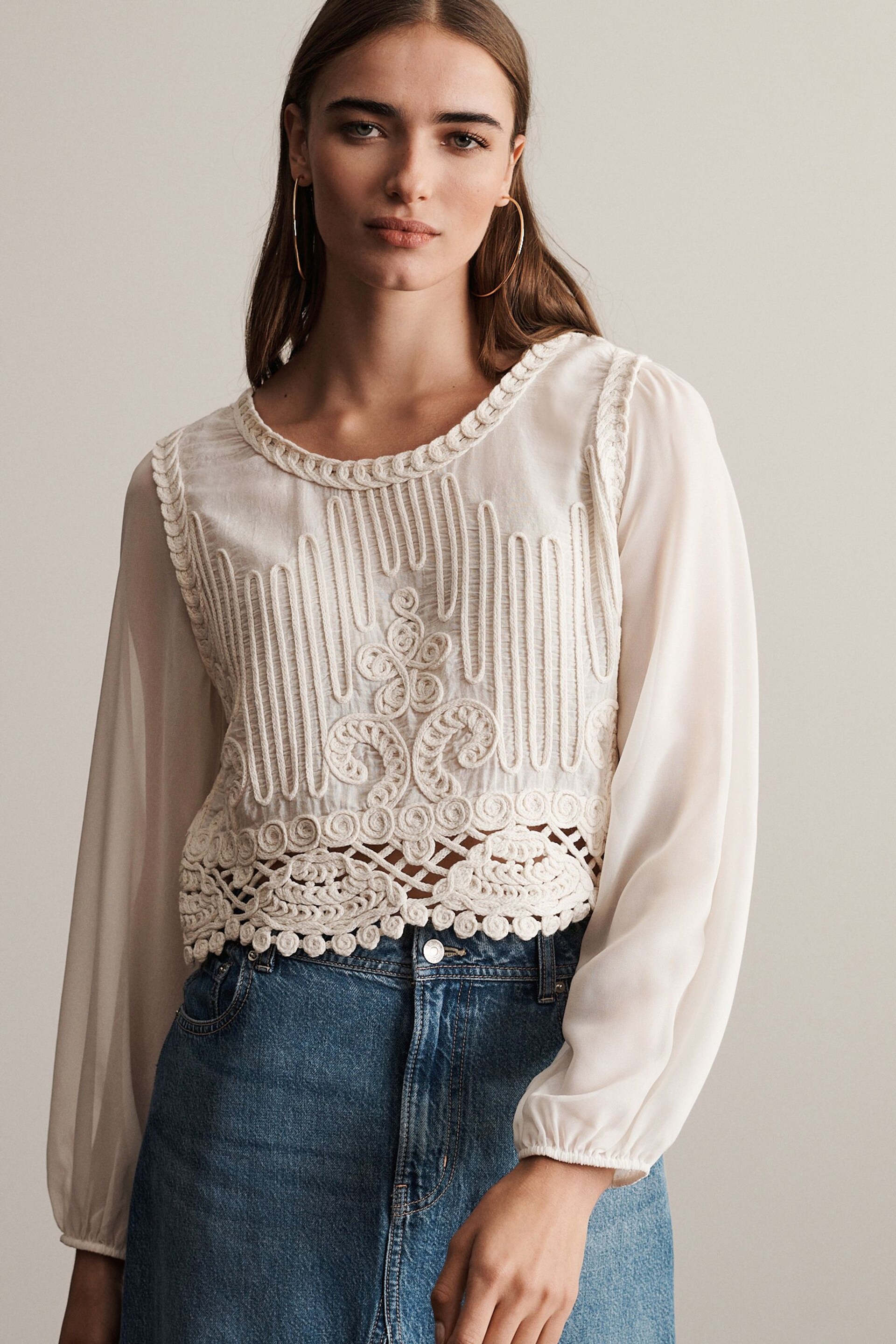 Ecru White Crochet Woven Mix Top - Image 1 of 6