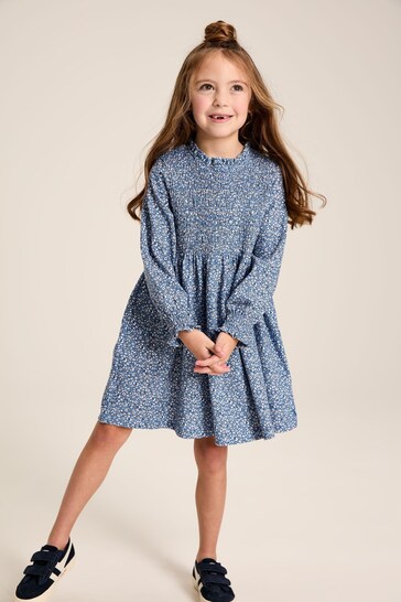 Joules Gracie Blue Floral Long Sleeve Shirred Dress