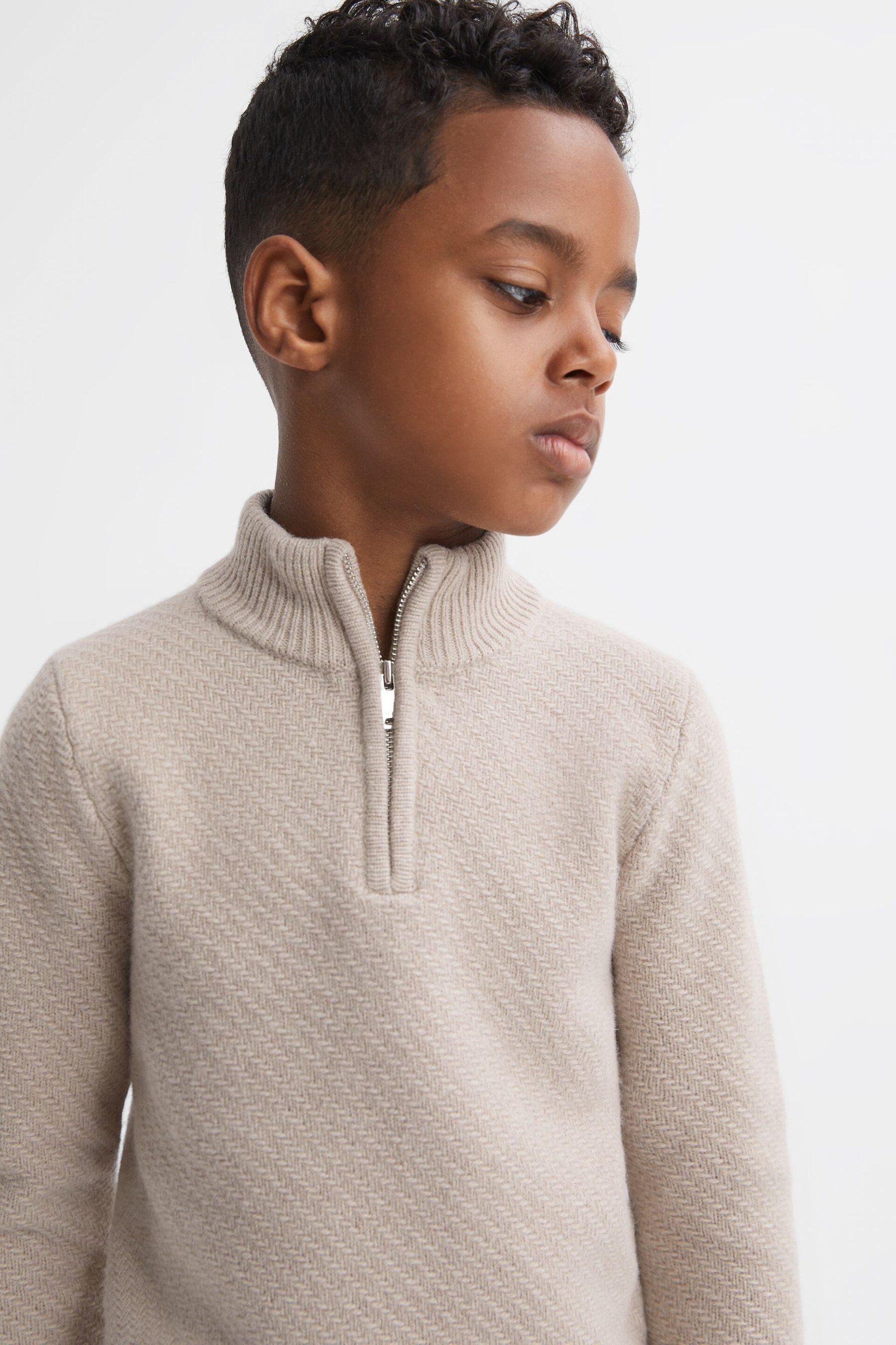 Reiss Oatmeal Melange Tempo Junior Slim Fit Knitted Half-Zip Funnel Neck Jumper - Image 1 of 6